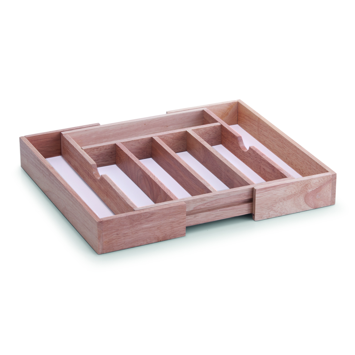 Rechteckiger Besteckkasten aus hellem Holz mit mehreren Fächern und weißem Boden.