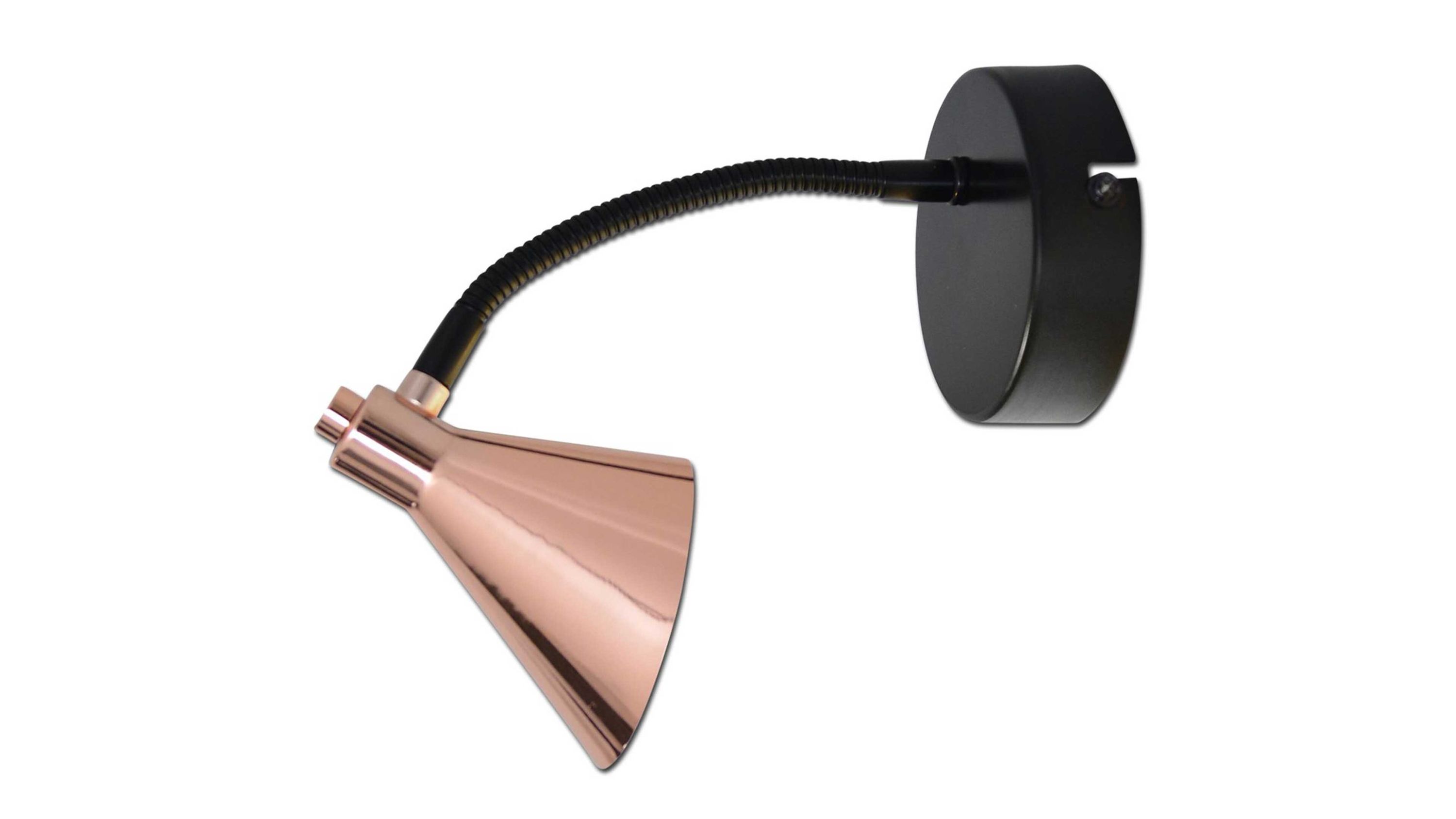 LED-Wandlampe mit flexiblem Arm und kupferfarbenem Lampenschirm Wandlampe mit rundem schwarzen Sockel und flexiblem Arm kupferfarbener konischer Lampenschirm