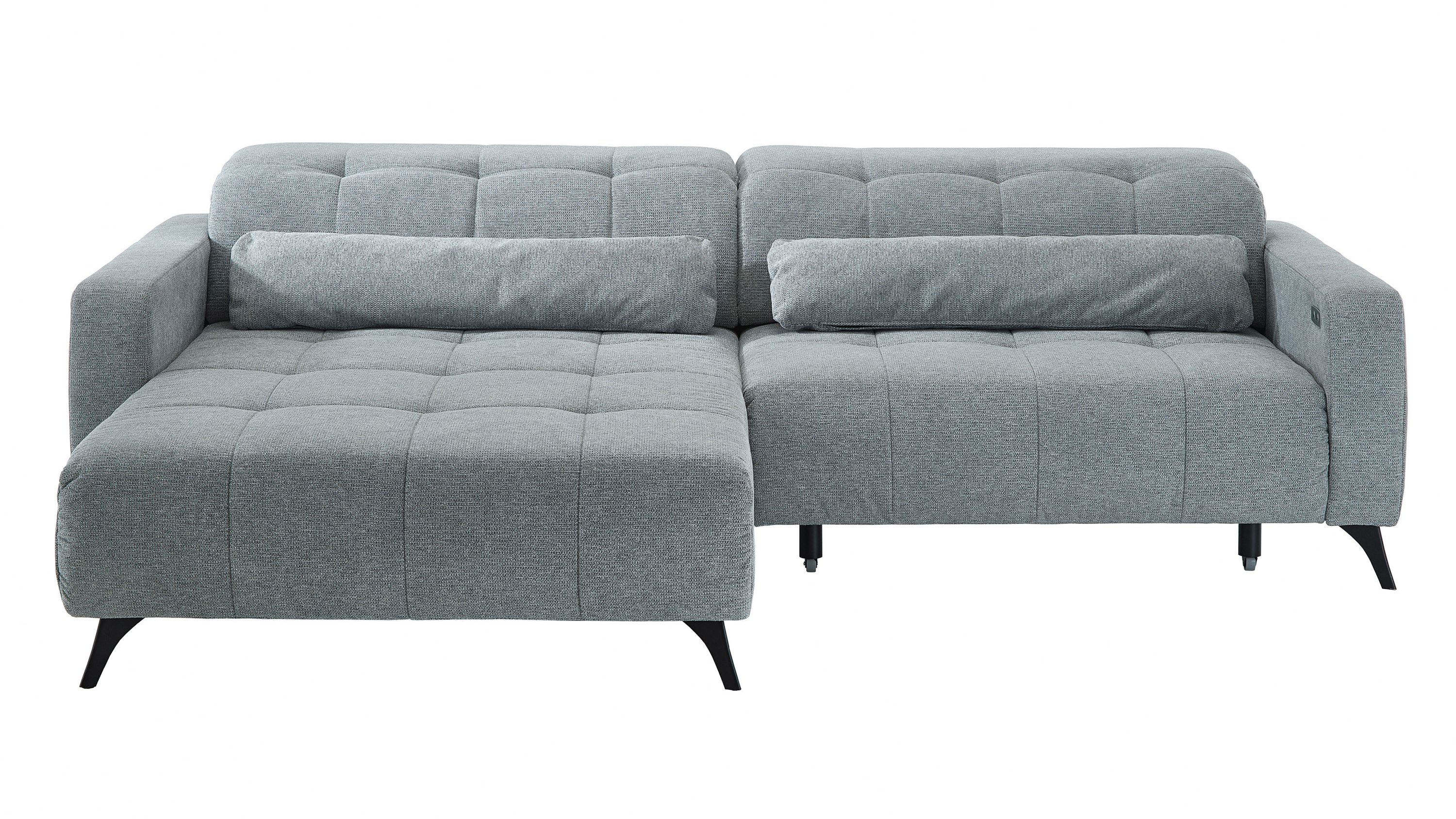 Hellgraues Ecksofa mit Chenillebezug Hellgraues Ecksofa mit zwei langen Rückenkissen und schwarzen Beinen
