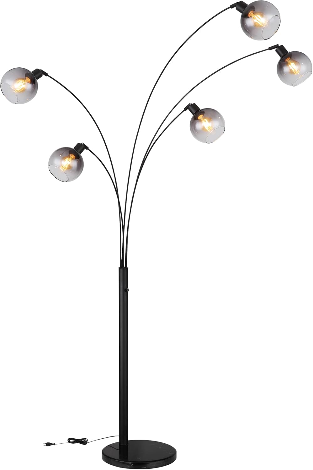 Stehleuchte mit geschwungenem Design und rauchfarbenen Glaskugeln Moderne Stehleuchte mit fünf geschwungenen Armen und rauchfarbenen Glaskugeln schräg von vorne links aufgenommen