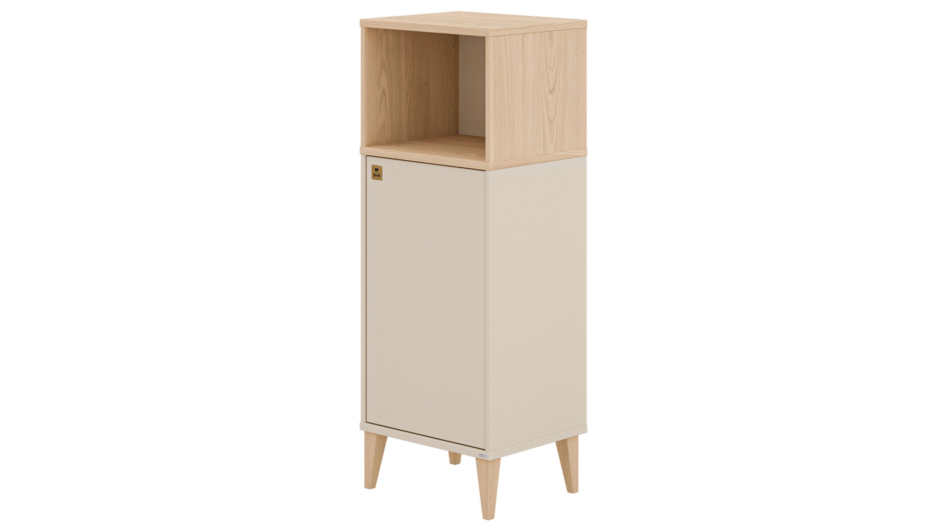 Hohes Highboard mit offener Ablage oben und einer Tür unten in beige und hellem Holz