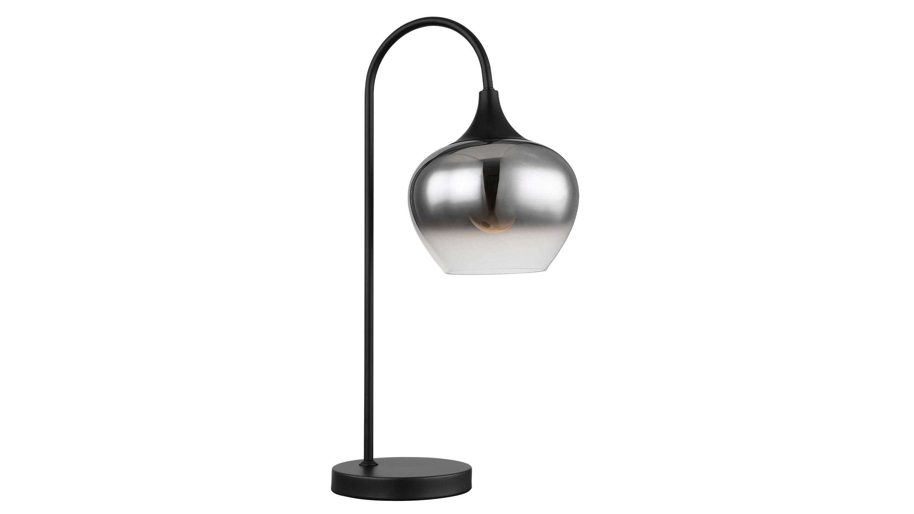 Tischleuchte mit gebogenem Metallgestell und rauchfarbenem Glas Tischleuchte mit gebogenem schwarzen Metallgestell und rundem Lampenschirm aus rauchfarbenem Glas