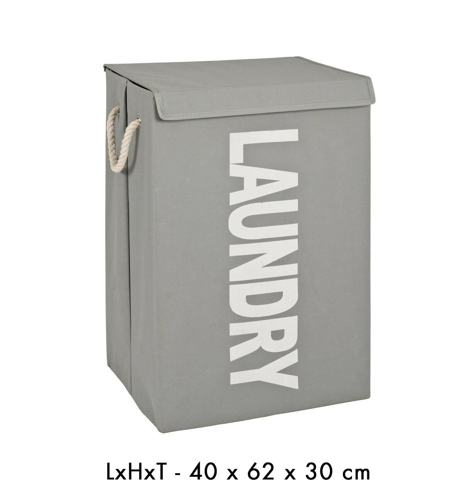 Wäschesammler in Grau mit weißem LAUNDRY-Aufdruck  Kordelgriffen und Deckel  daneben Maßangabe 40 × 62 × 30?cm