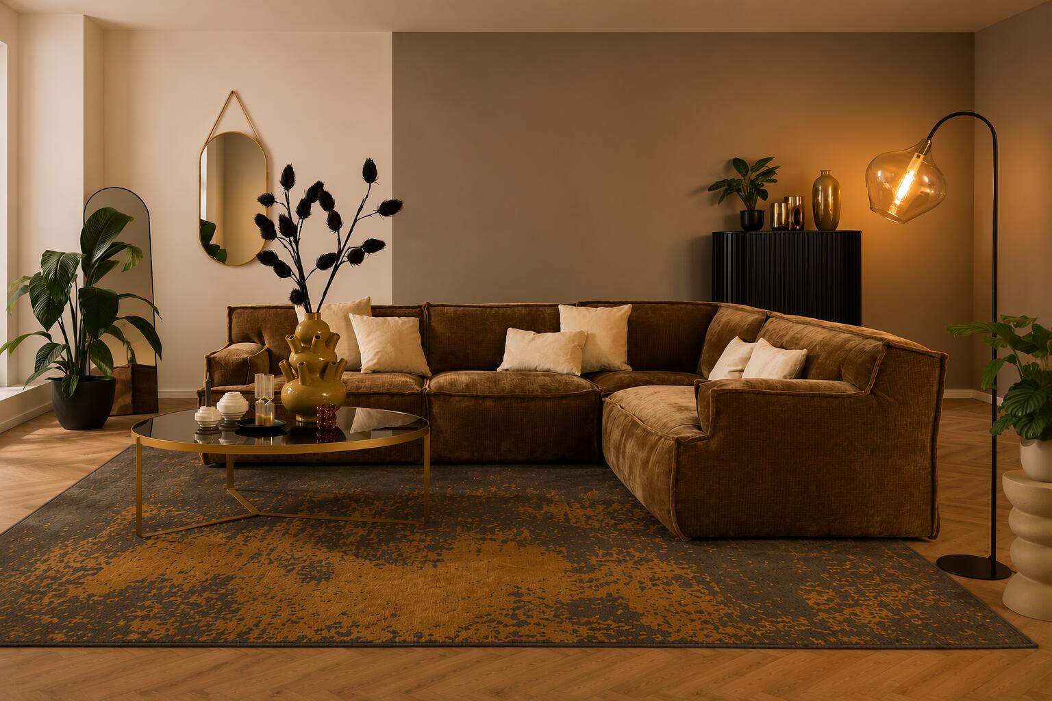 Braunes Ecksofa mit weicher Struktur und hellen Kissen vor rundem Couchtisch im Wohnzimmer.