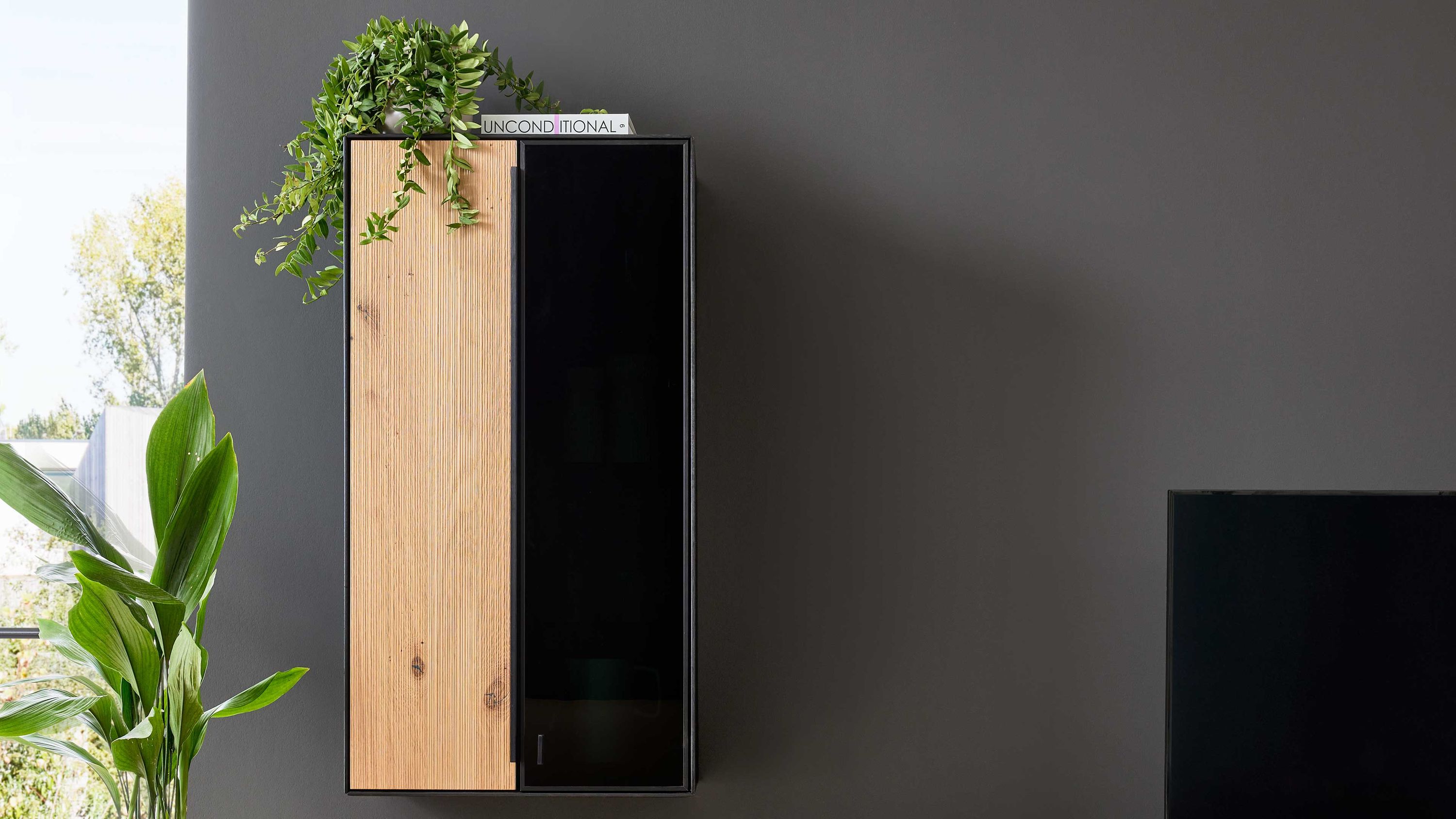 Hängeschrank mit zwei Türen eine aus hellem Holz eine aus dunkelgrauem Glas an grauer Wand