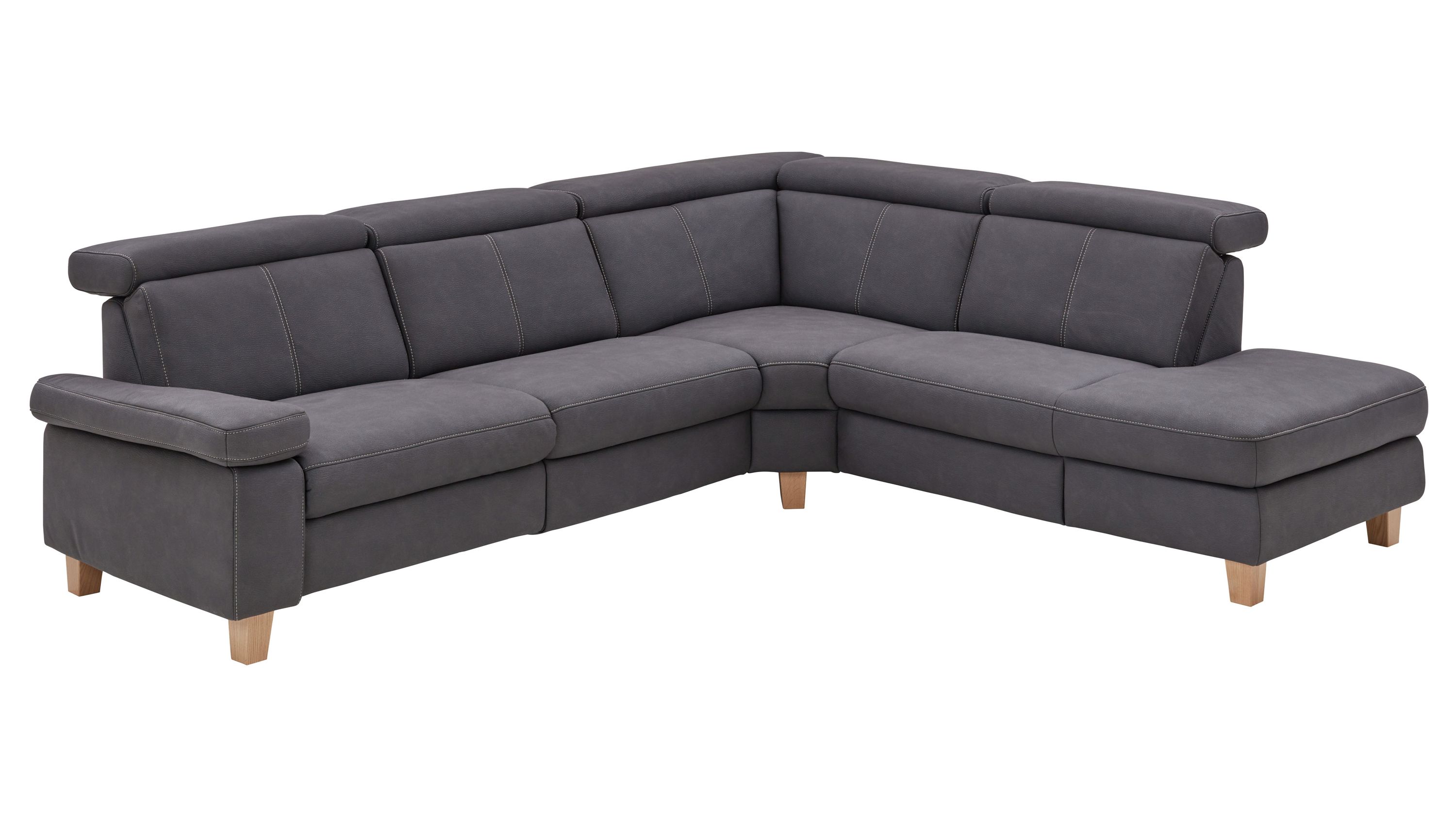 Ecksofa mit Stoffbezug und Holzfüßen Ecksofa mit dunkelgrauem Stoffbezug und hellen Holzfüßen in L-Form