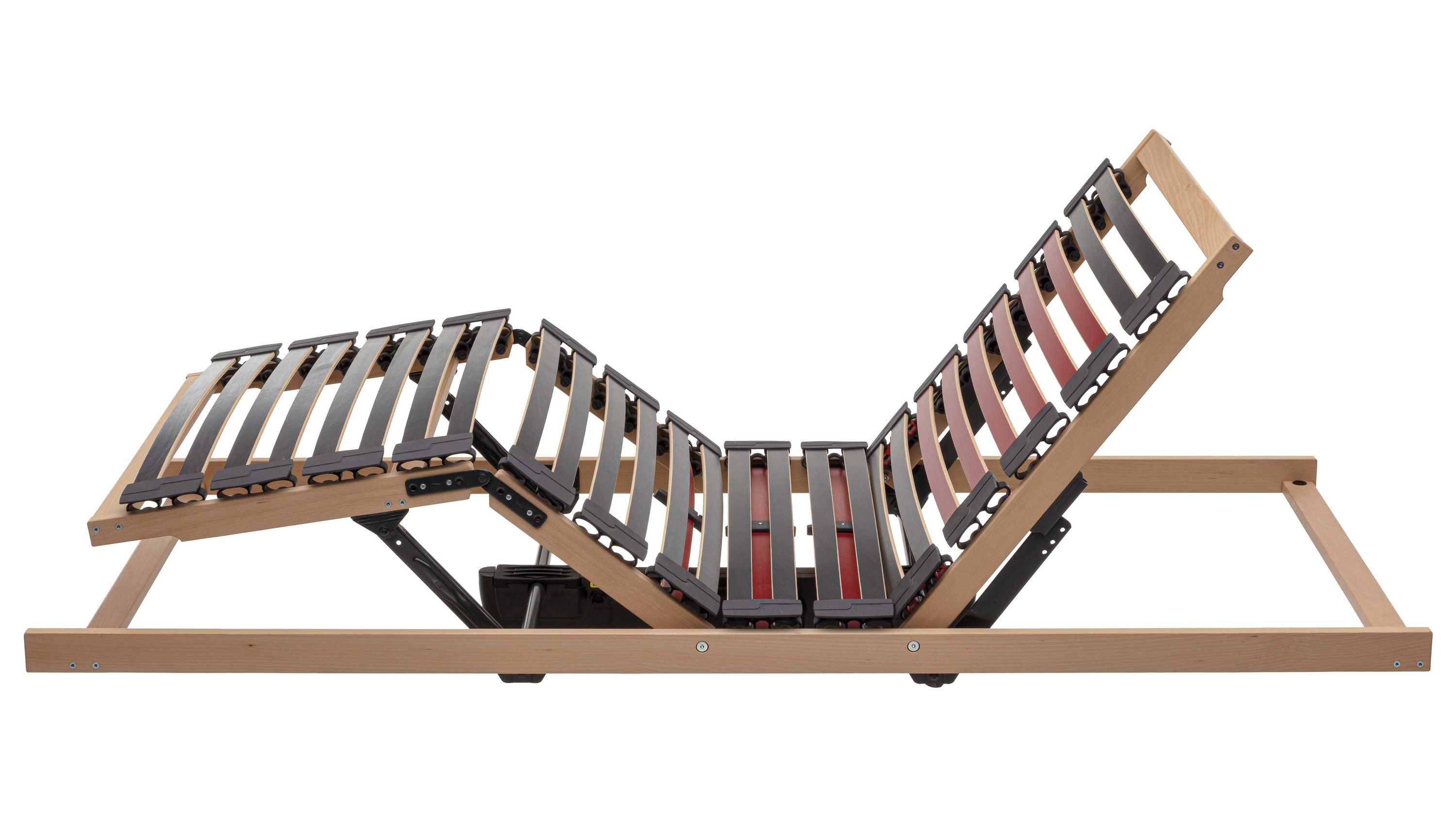 Motorisch verstellbarer Lattenrost mit Holzrahmen und flexiblen Latten in naturfarben