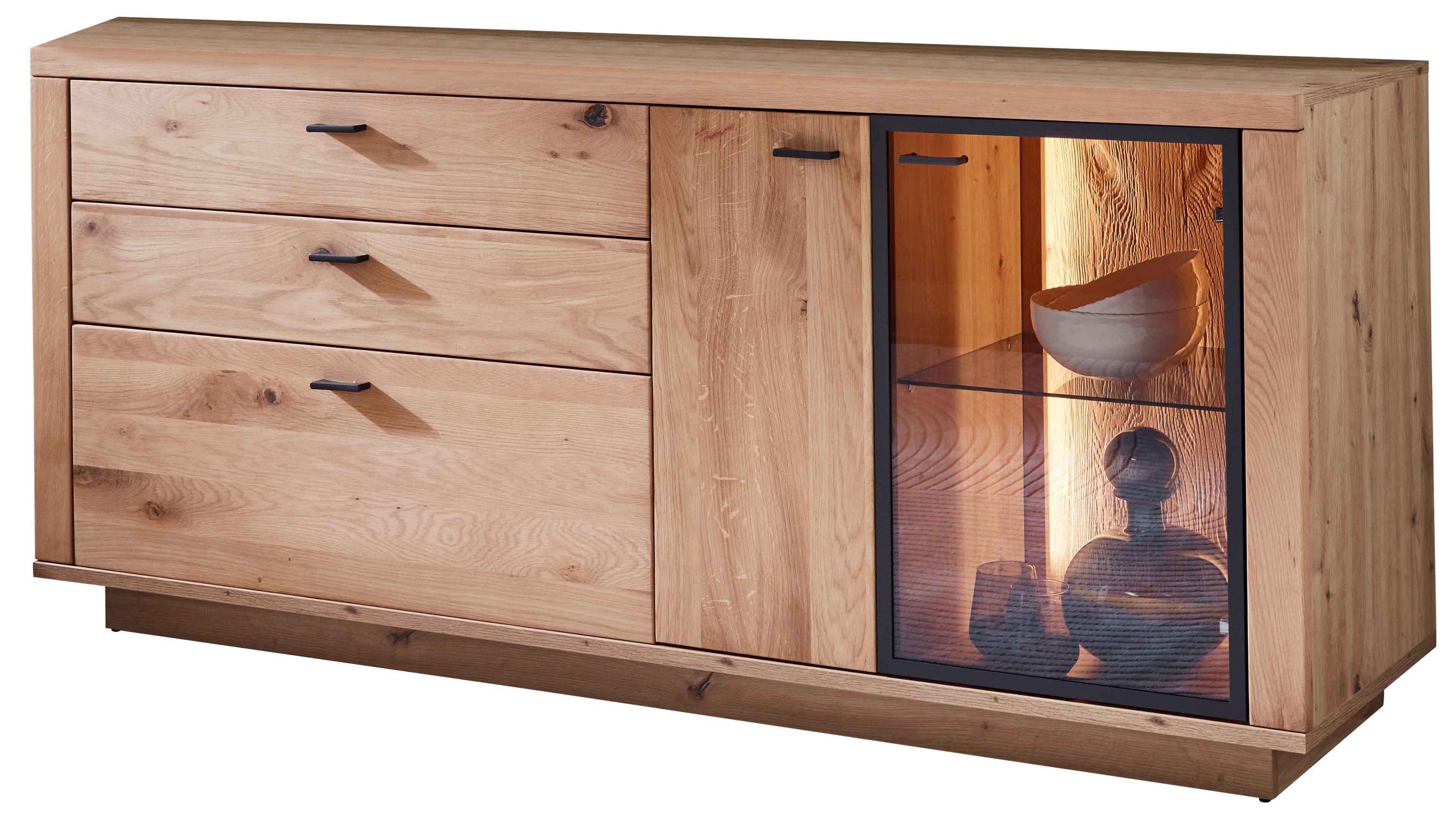 Sideboard mit zwei Türen drei Schubladen und einer Glastür mit Beleuchtung in Holzoptik