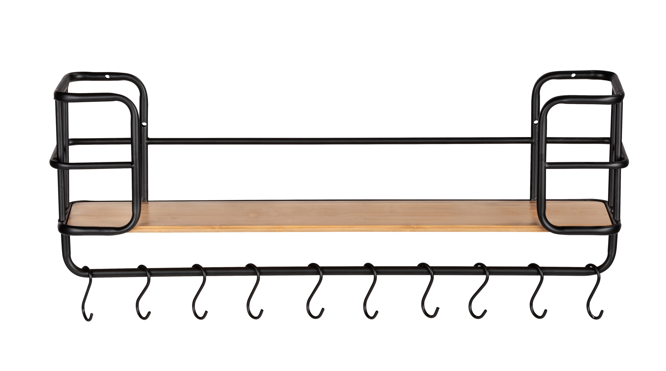 Wandregal mit Haken Wandregal mit Holzablage und schwarzem Metallrahmen, darunter mehrere Haken zum Aufhängen; frontal aufgenommen
