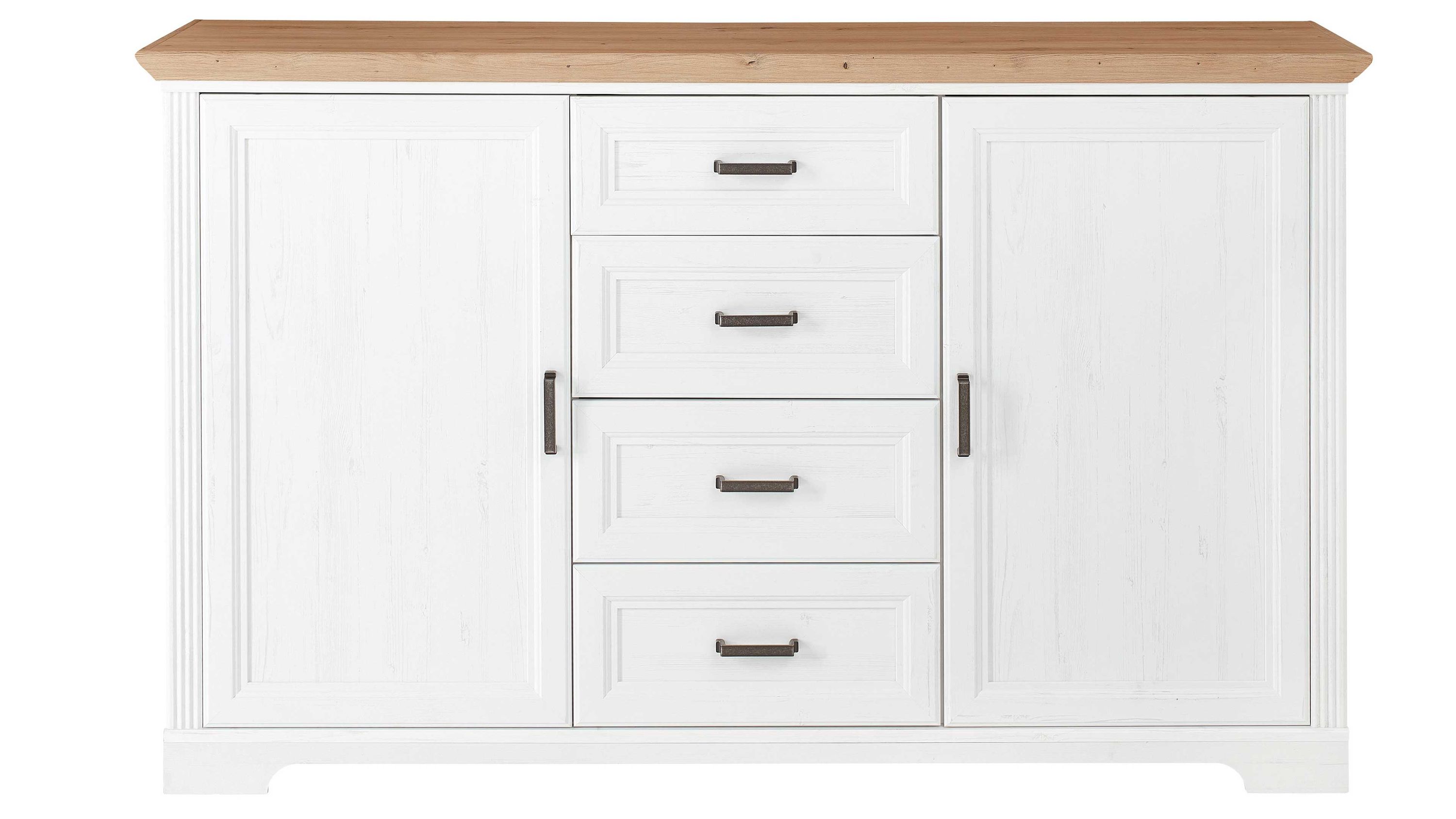 Sideboard mit vier Schubladen in der Mitte und zwei Türen seitlich weiße Front und helle Holzplatte