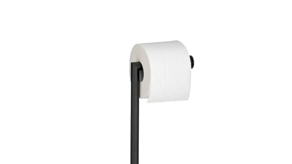 Schwarzer Toilettenpapierhalter mit aufgesteckter Papierrolle Teil einer freistehenden Toilettengarnitur