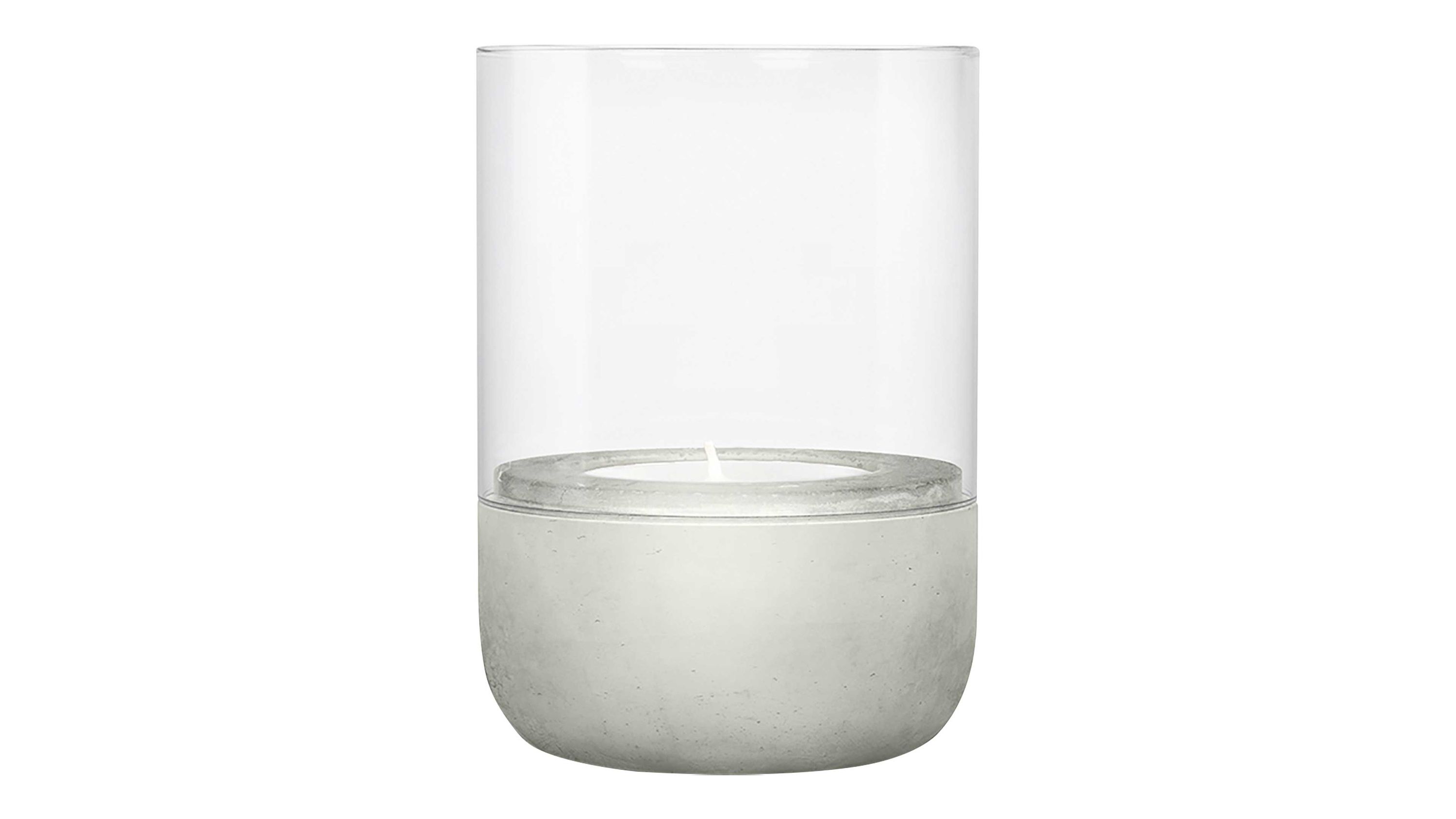 Windlicht mit Glaszylinder und grauem Sockel Zylindrisches Windlicht mit klarem Glas und rundem grauem Sockel