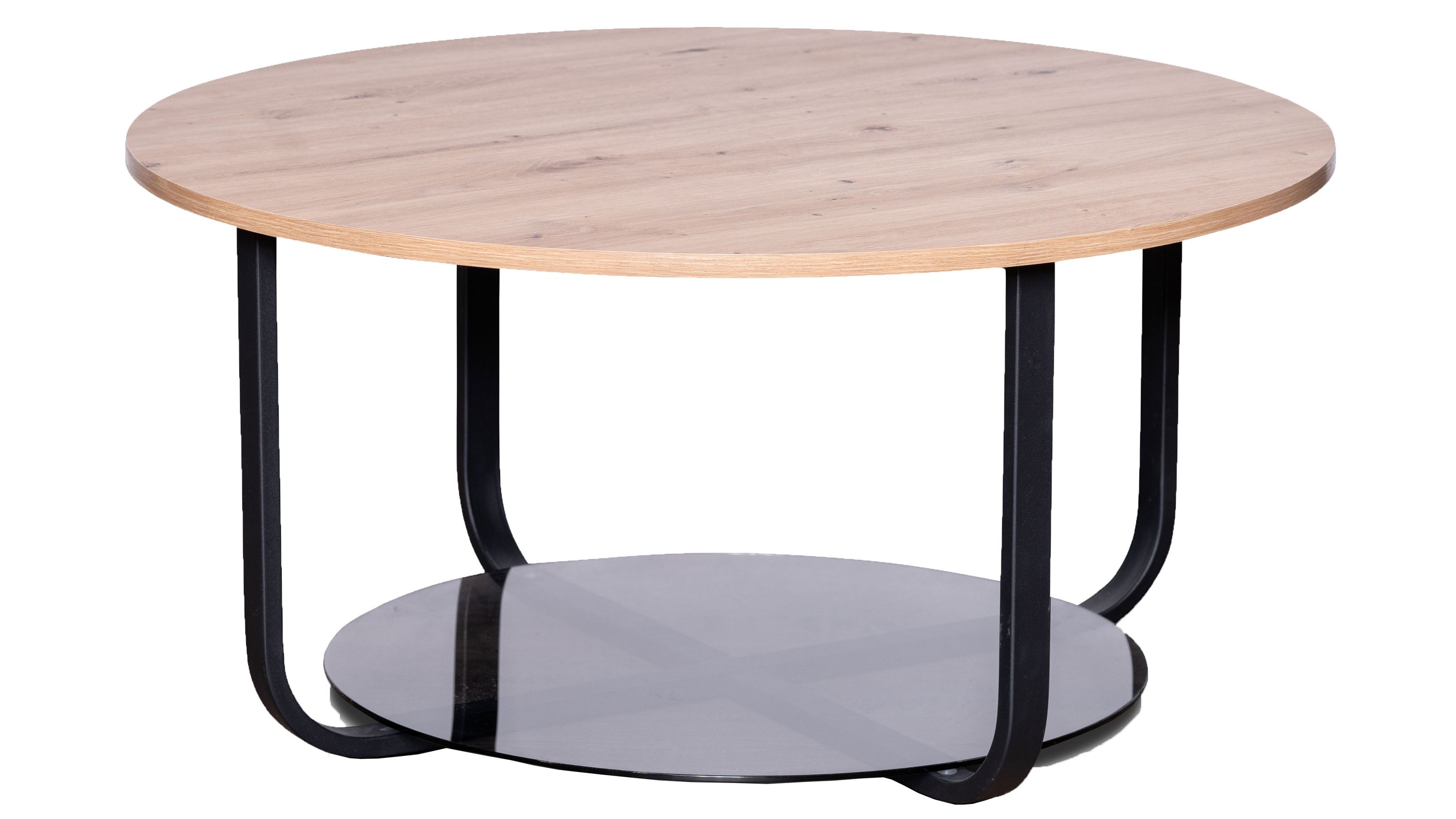 Runder Couchtisch mit Holzplatte und schwarzem Gestell Runder Couchtisch mit hellem Holzfarbton und schwarzem Metallgestell mit Ablageboden