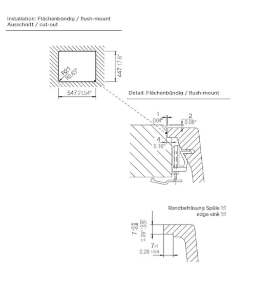 Installationszeichnung SCHOCK Spüle GREN100LFBMAG  flächenbündig  mit Maßen 561×491?mm und Detailansicht Dichtband/Klammer