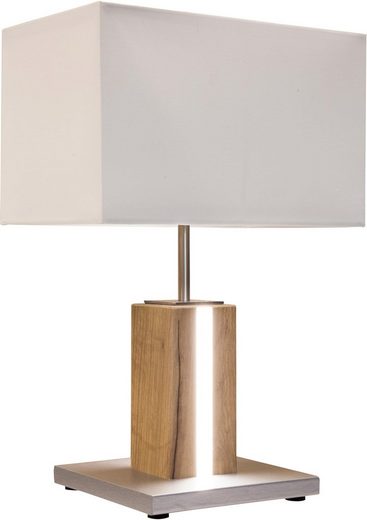 Moderne Tischlampe mit rechteckigem weißen Schirm und Metallfuß, frontal aufgenommen auf hellem Untergrund