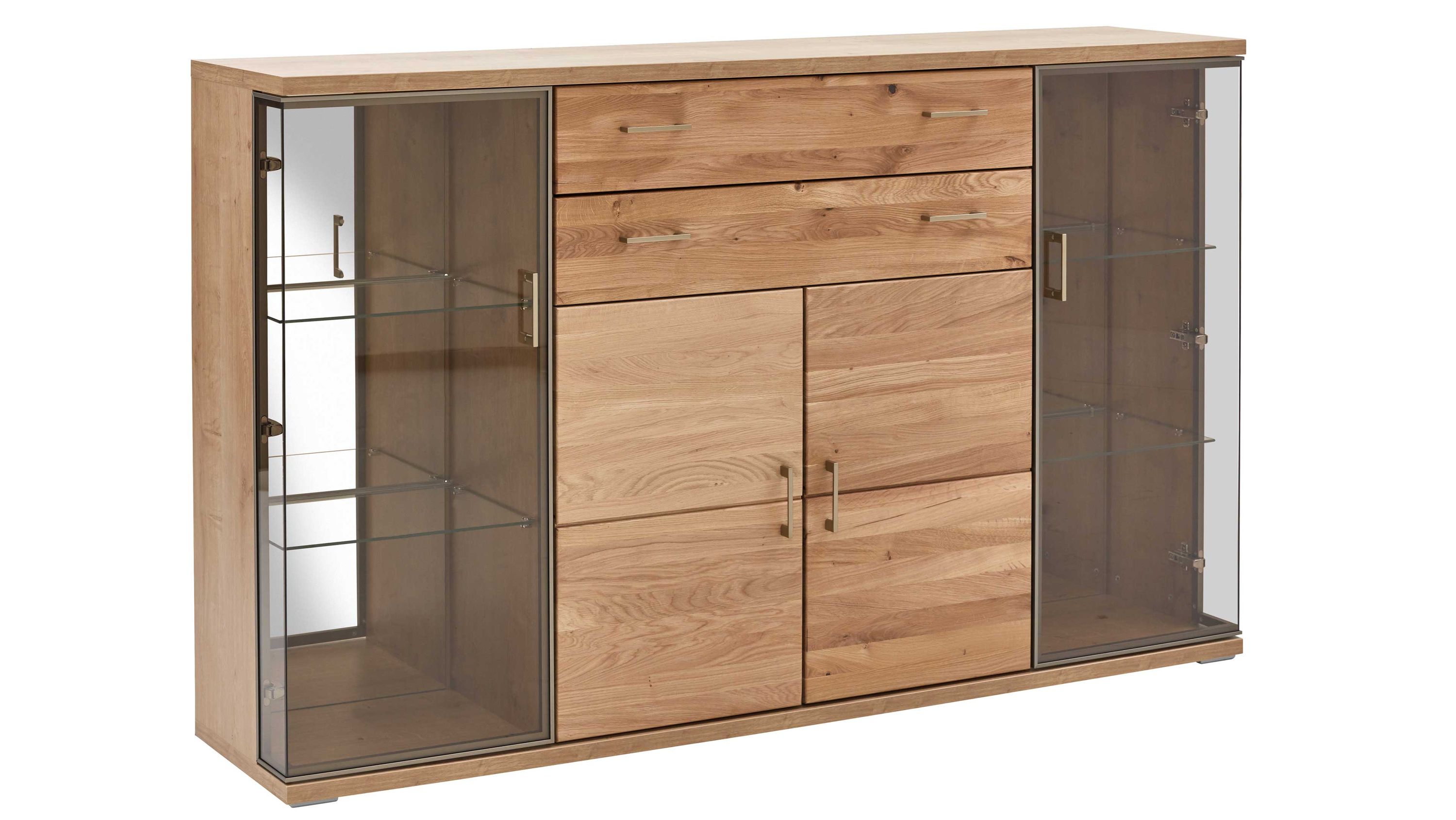 Sideboard mit Holztüren und braunen Glastüren Sideboard mit vier Holztüren und zwei Schubladen seitliche braune Glastüren mit Regalböden