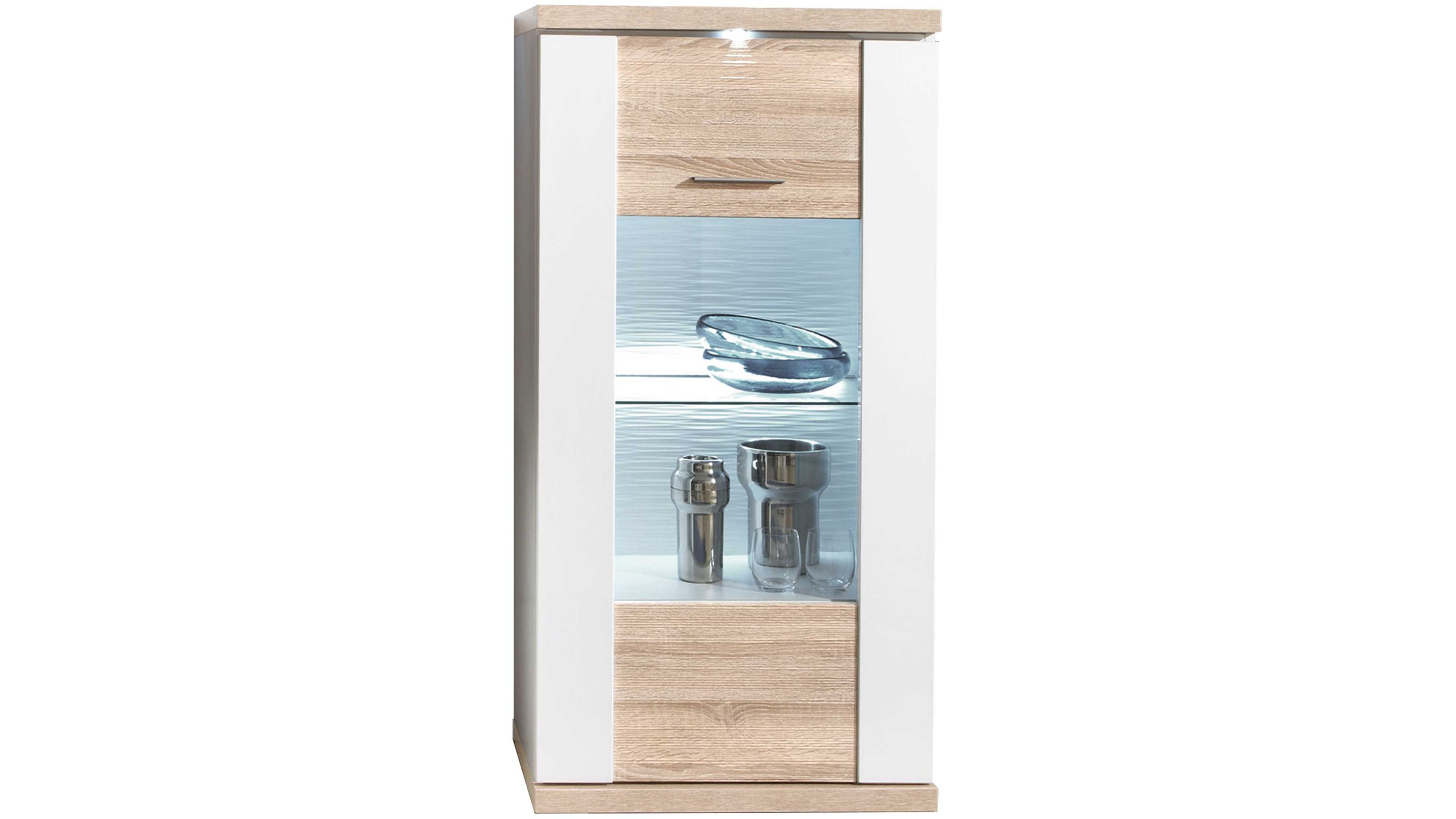 Highboard-Vitrine Manhattan Weiß & Eiche sägerau  eine Tür, links