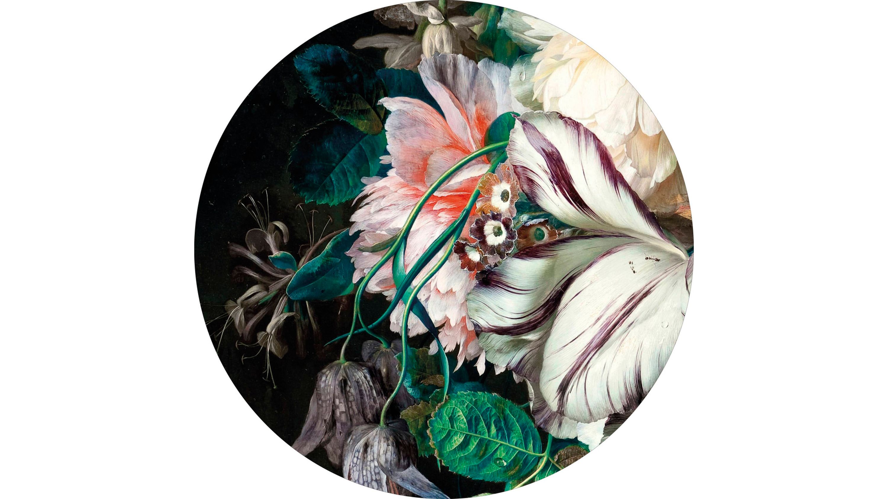 Runder Kunstdruck mit Blumenbouquet in Weiß Rosa Grün und Dunkelgrün