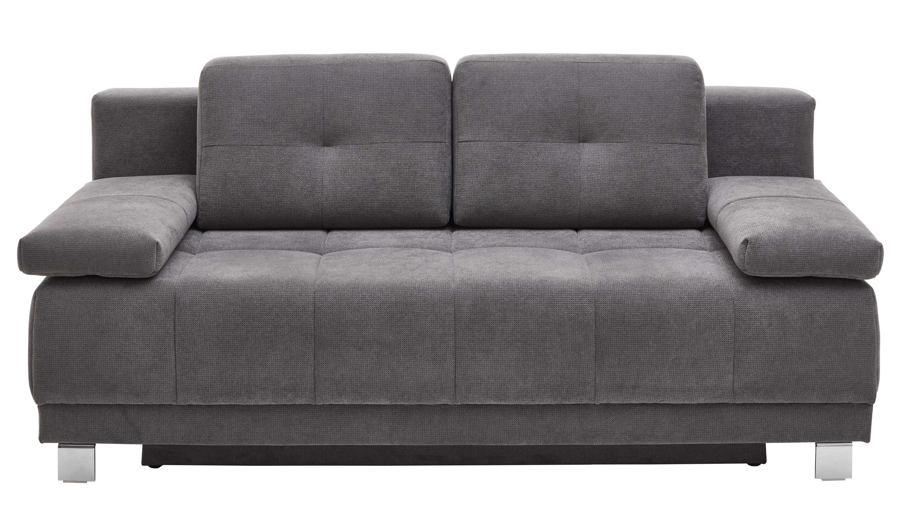 Graues Schlafsofa mit zwei Rückenlehnen und breiten Armlehnen auf chromfarbenen Füßen