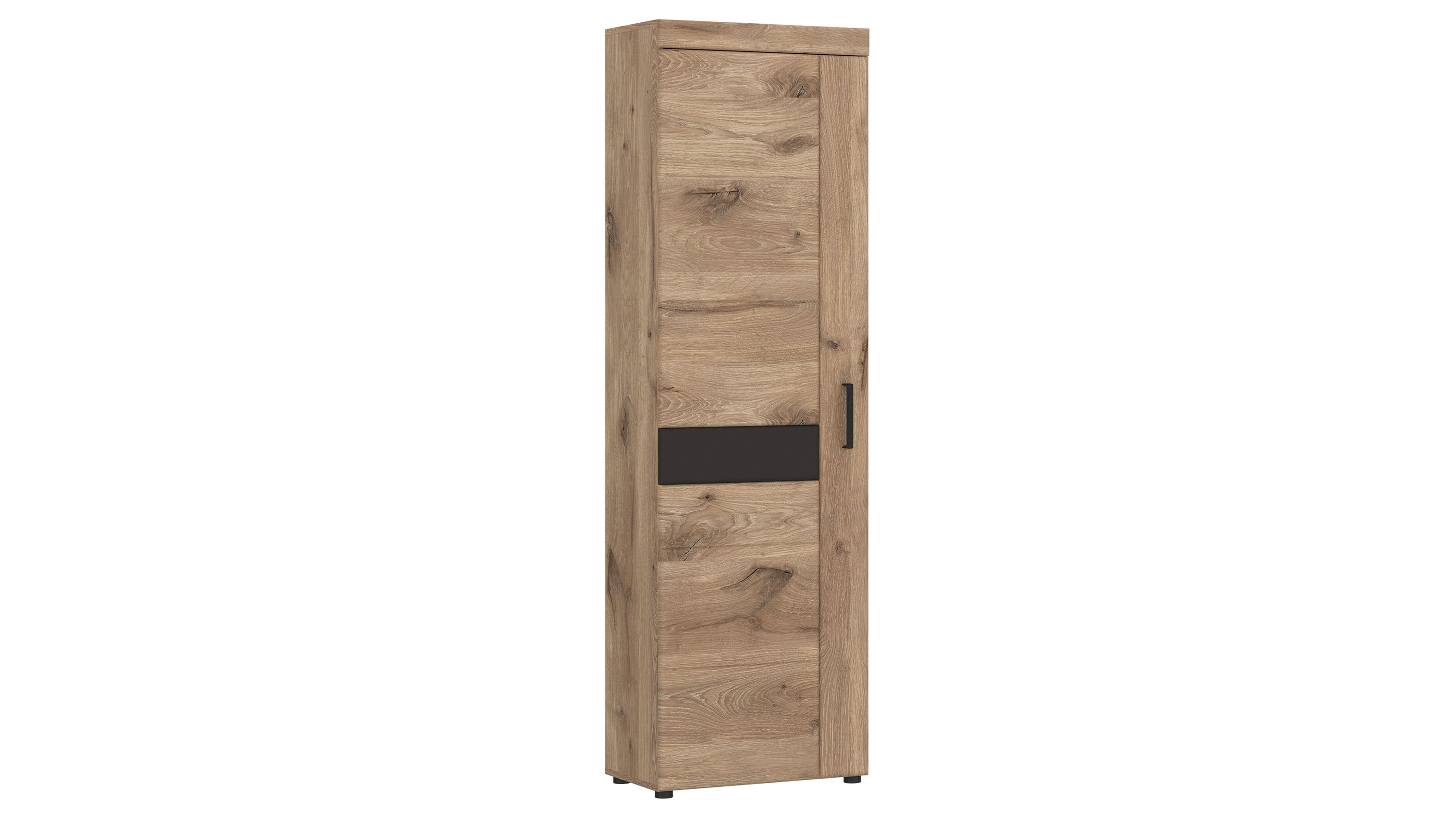 Schmaler Garderobenschrank mit einer Tür in Holzoptik und schwarzem Griff