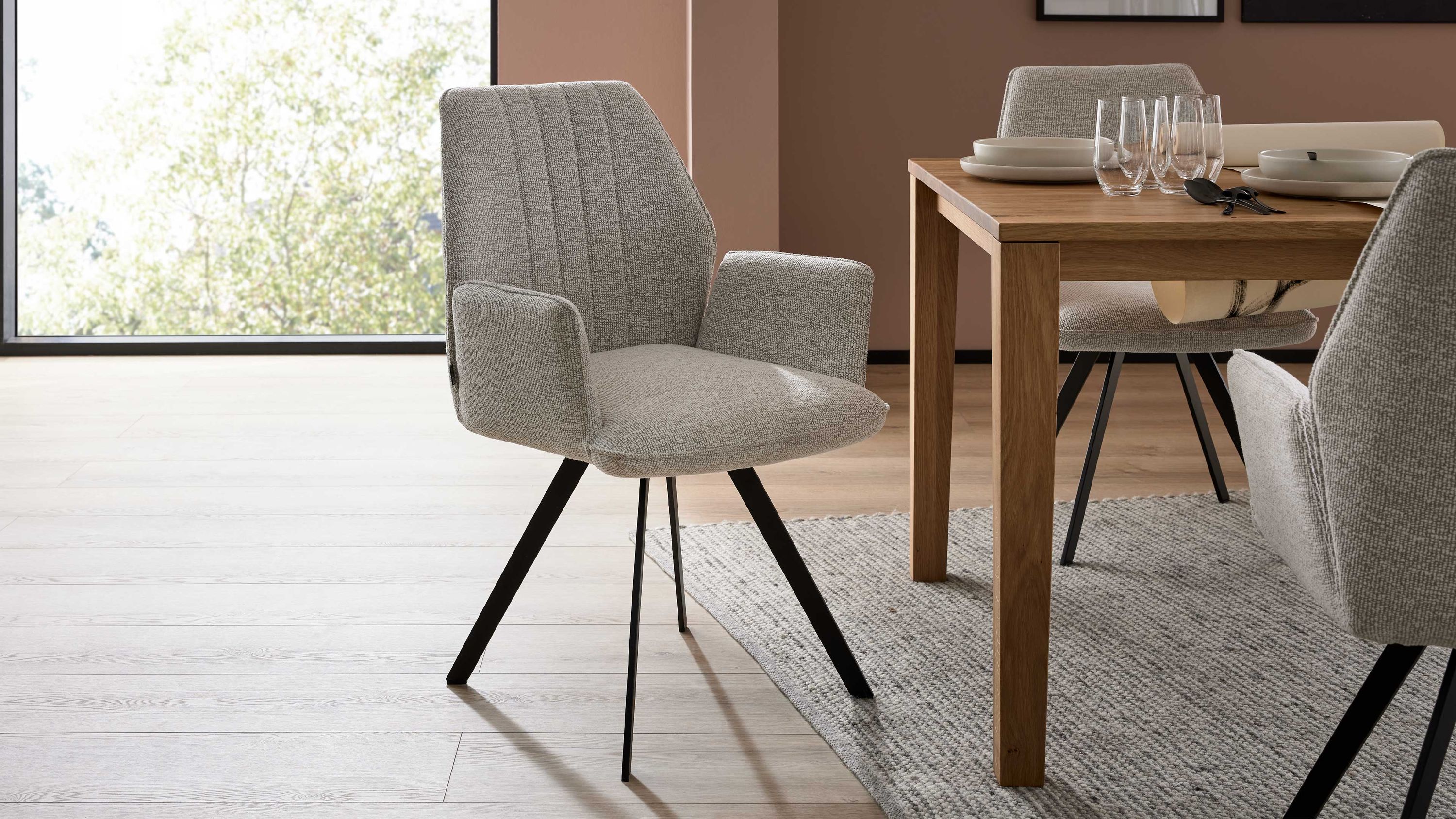 Interliving Esszimmer Serie 5102  Armlehnstuhl V322 leinenfarbener Jacquard Lodge L07 & schwarzes Eisen