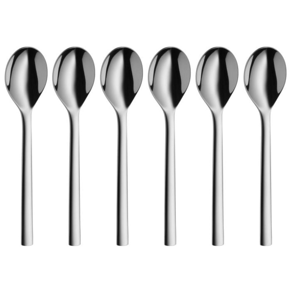 Tee- & Kaffeelöffel Set 6-teilig 13 5 cm glänzend Frontalansicht auf sechs identische Löffel mit glänzender Oberfläche  nebeneinander liegend  vor neutralem Hintergrund