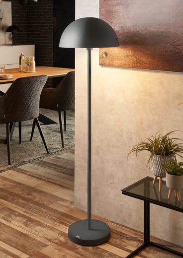 Stehlampe aus matt dunkelgrauem Aluminium mit halbkugelförmigem Schirm  schräg von oben freigestellt fotografiert
