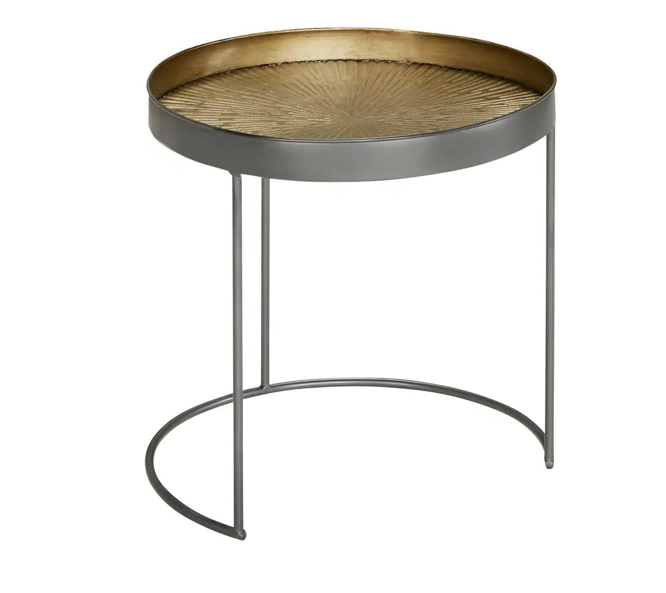 Seitliche Ansicht runder Beistelltisch kupferfarbene Oberfläche drei filigrane Metallbeine offenes minimalistisches Design