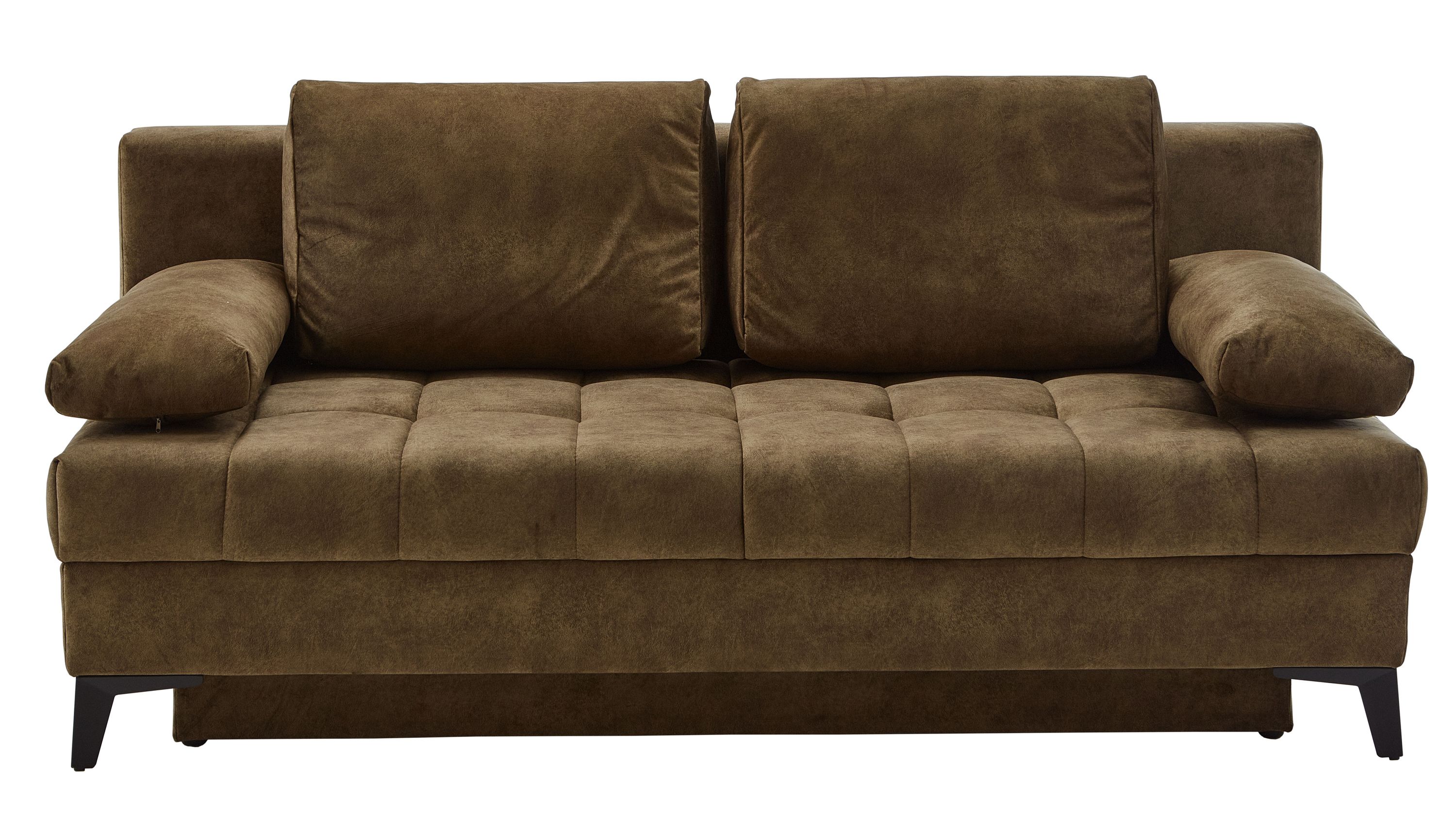Grünes Schlafsofa mit schwarzen Metallfüßen Grünes Schlafsofa mit zwei Rückenpolstern gepolsterten Armlehnen und schwarzen Metallfüßen