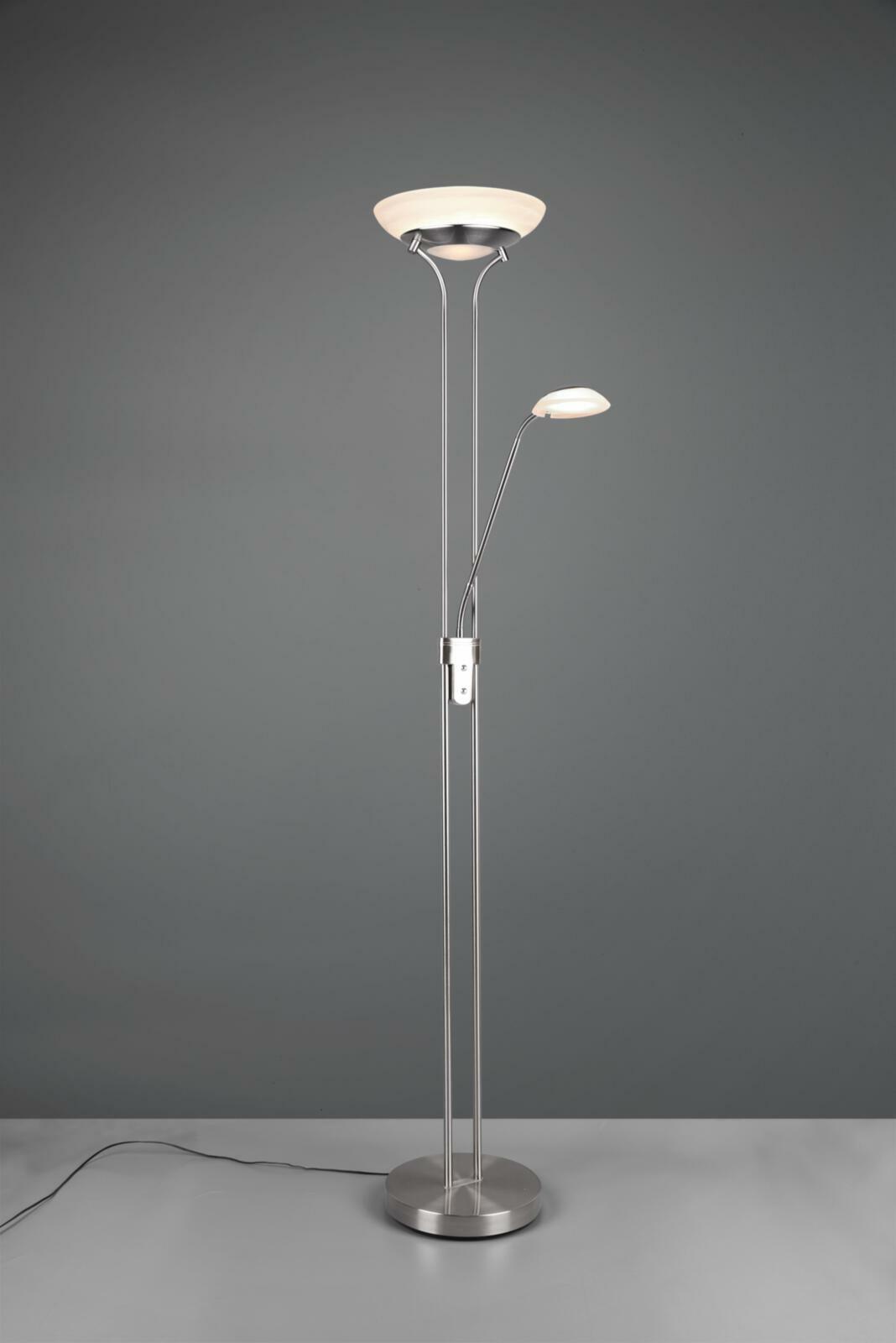 Reality Orson LED-Stehleuchte mit Deckenfluter und Lesearm in Nickel matt auf grauem Hintergrund