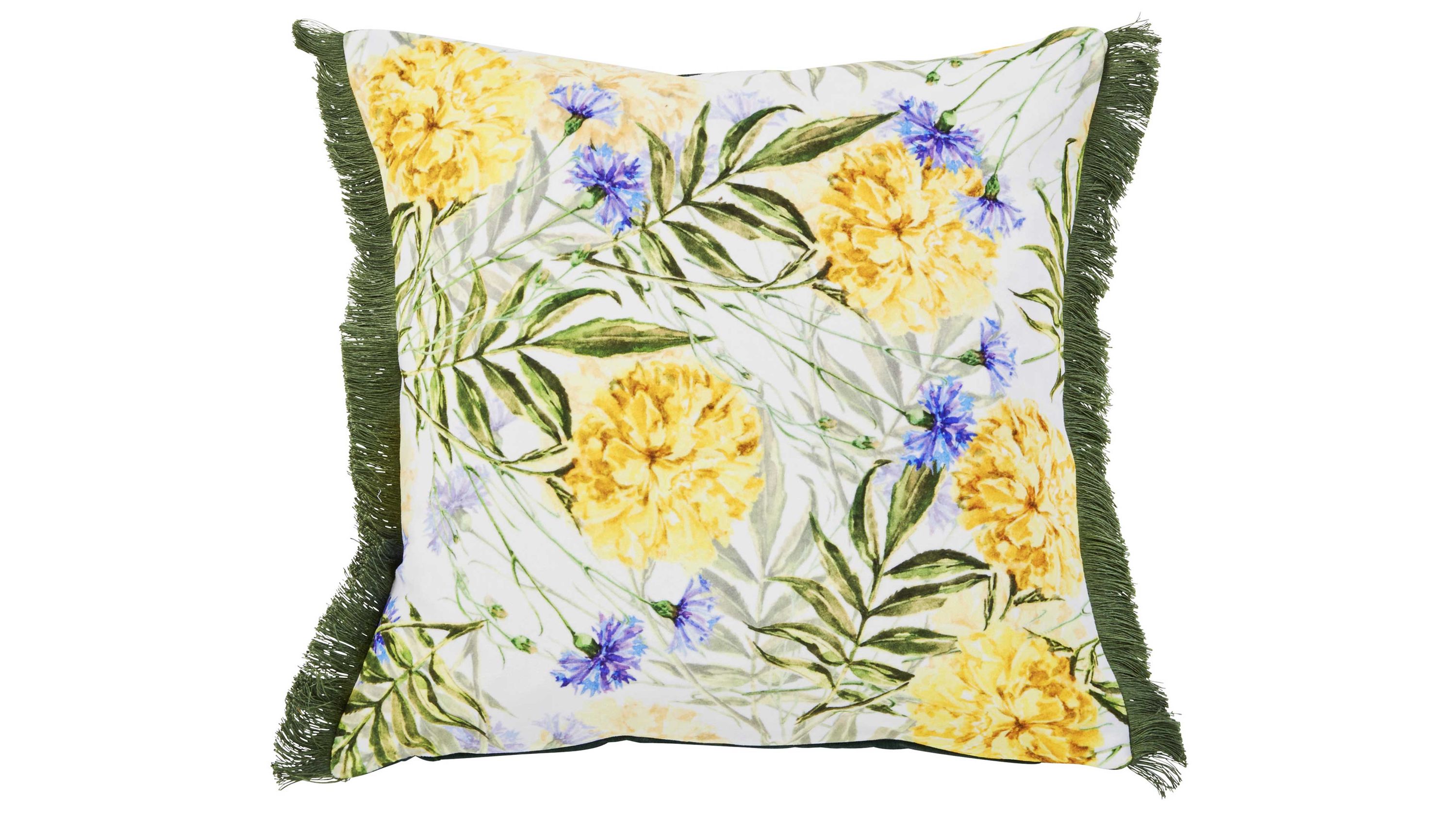 Kissenhülle mit Blumenmuster und Fransen Quadratische Kissenhülle mit gelben und blauen Blumen sowie grünen Blättern auf weißem Grund und grünen Fransen an den Seiten
