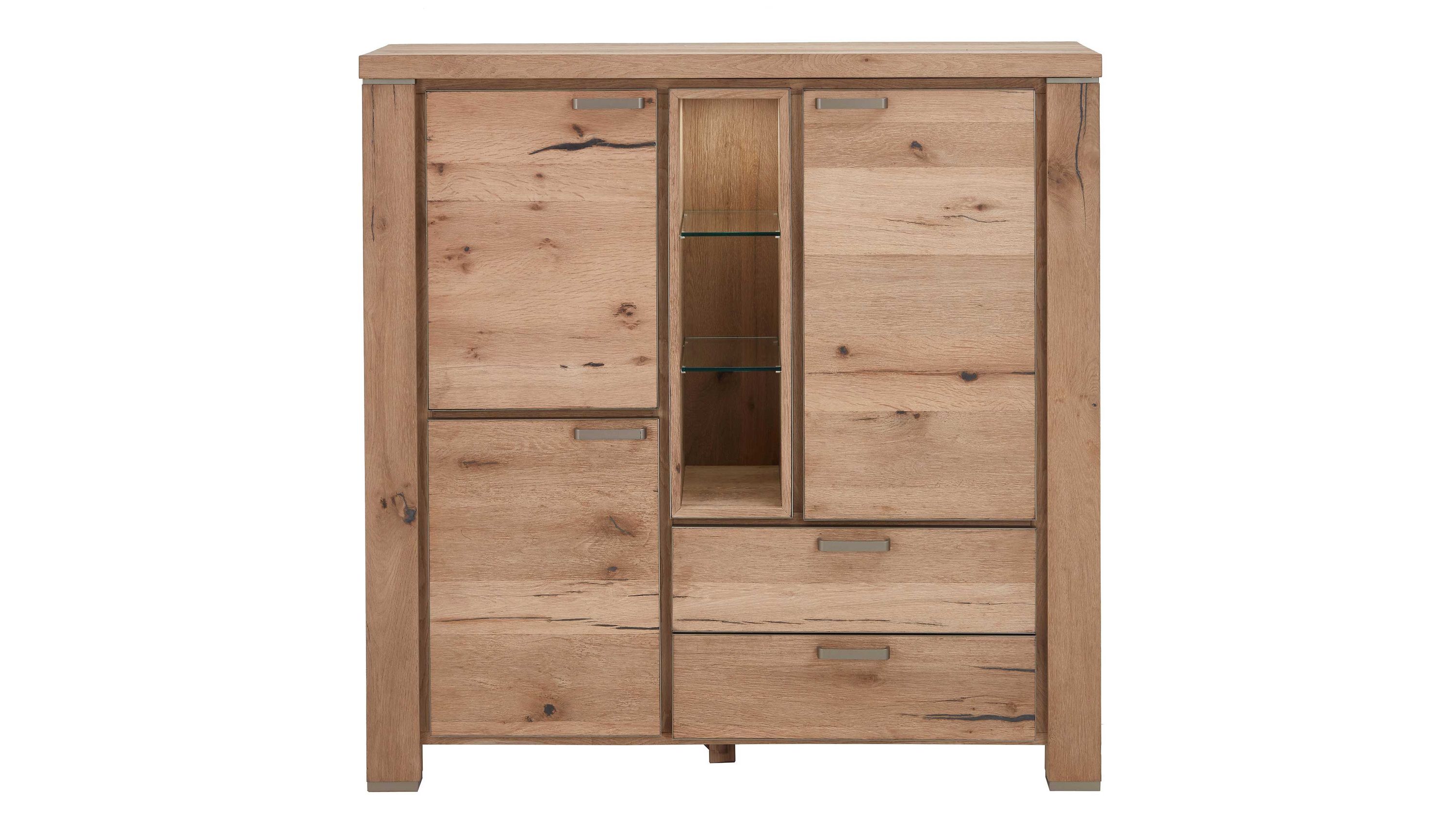 Highboard mit Türen Schubladen und Glasfach in Holzoptik Highboard mit zwei Türen zwei Schubladen und mittigem Glasfach in hellbrauner Holzoptik