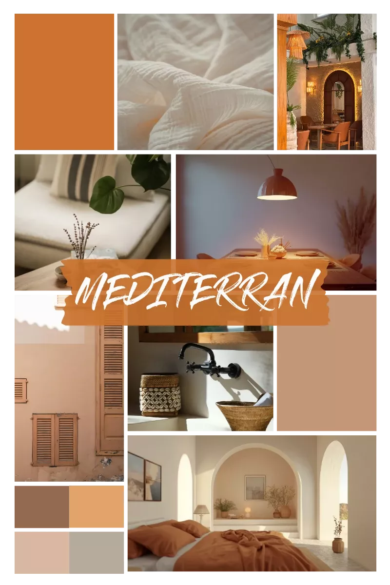 Collage im mediterranen Stil mit terrakottafarbenem Schlafzimmer, hellen Bögen, Holzelementen, gedecktem Esstisch, Pflanzen und warmen Beigetönen sowie Naturmaterialien