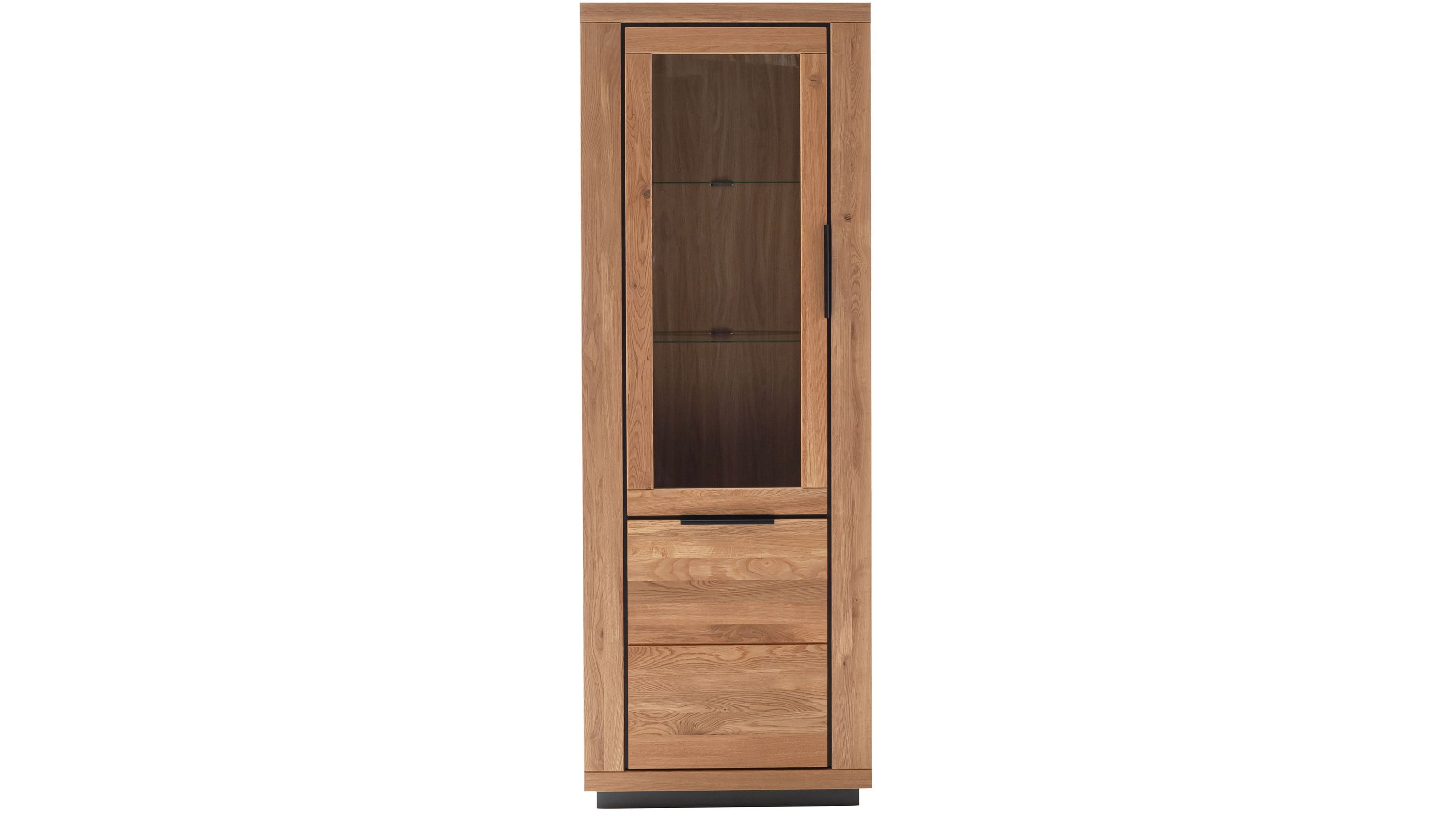 Vitrine aus Holz mit einer Glastür oben und einer Holztür unten in hellbrauner Farbe