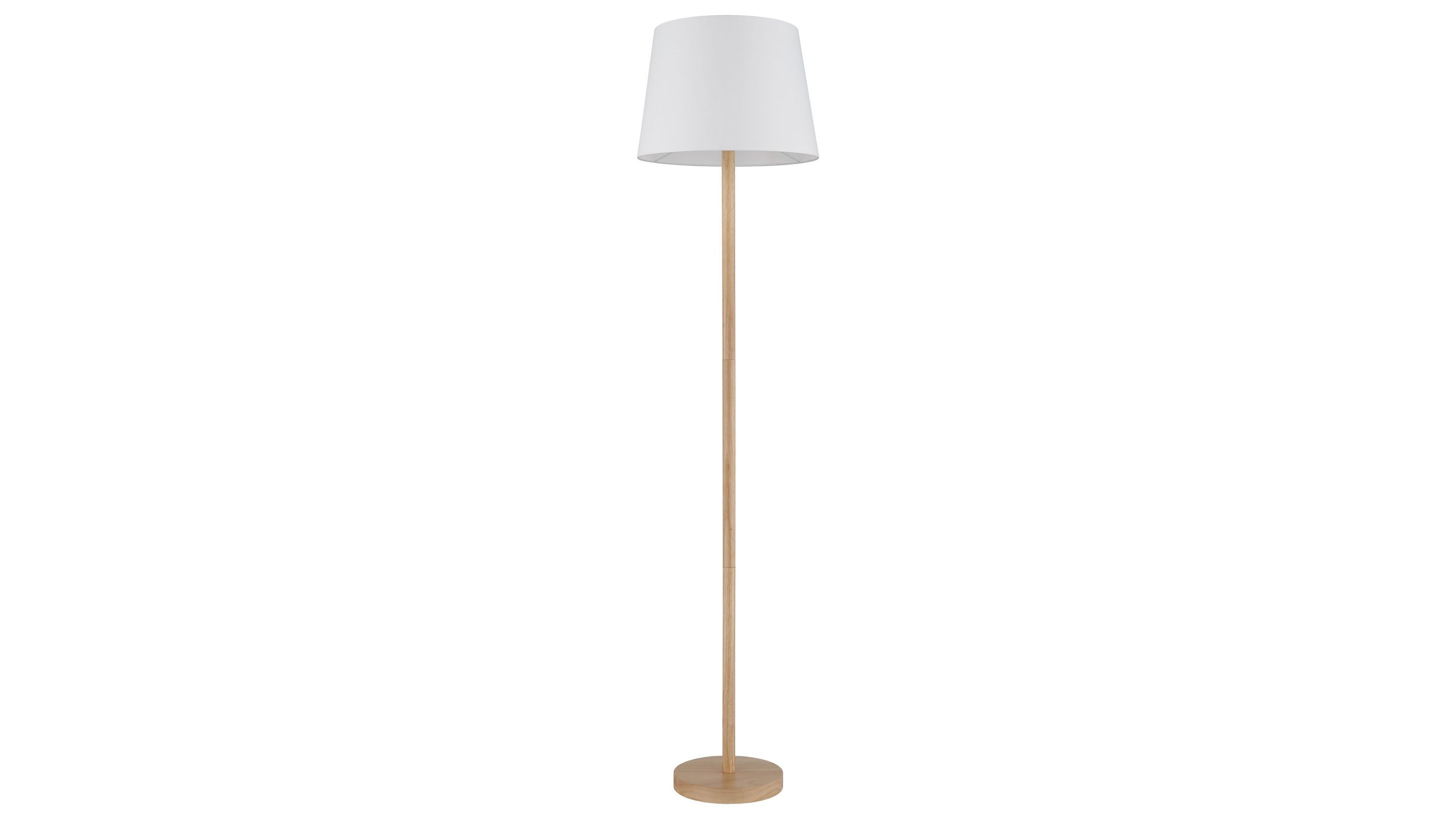 Stehlampe mit Holzoptik und weißem Lampenschirm Stehlampe mit rundem Sockel und schlankem Stab in Holzoptik weißer konischer Lampenschirm