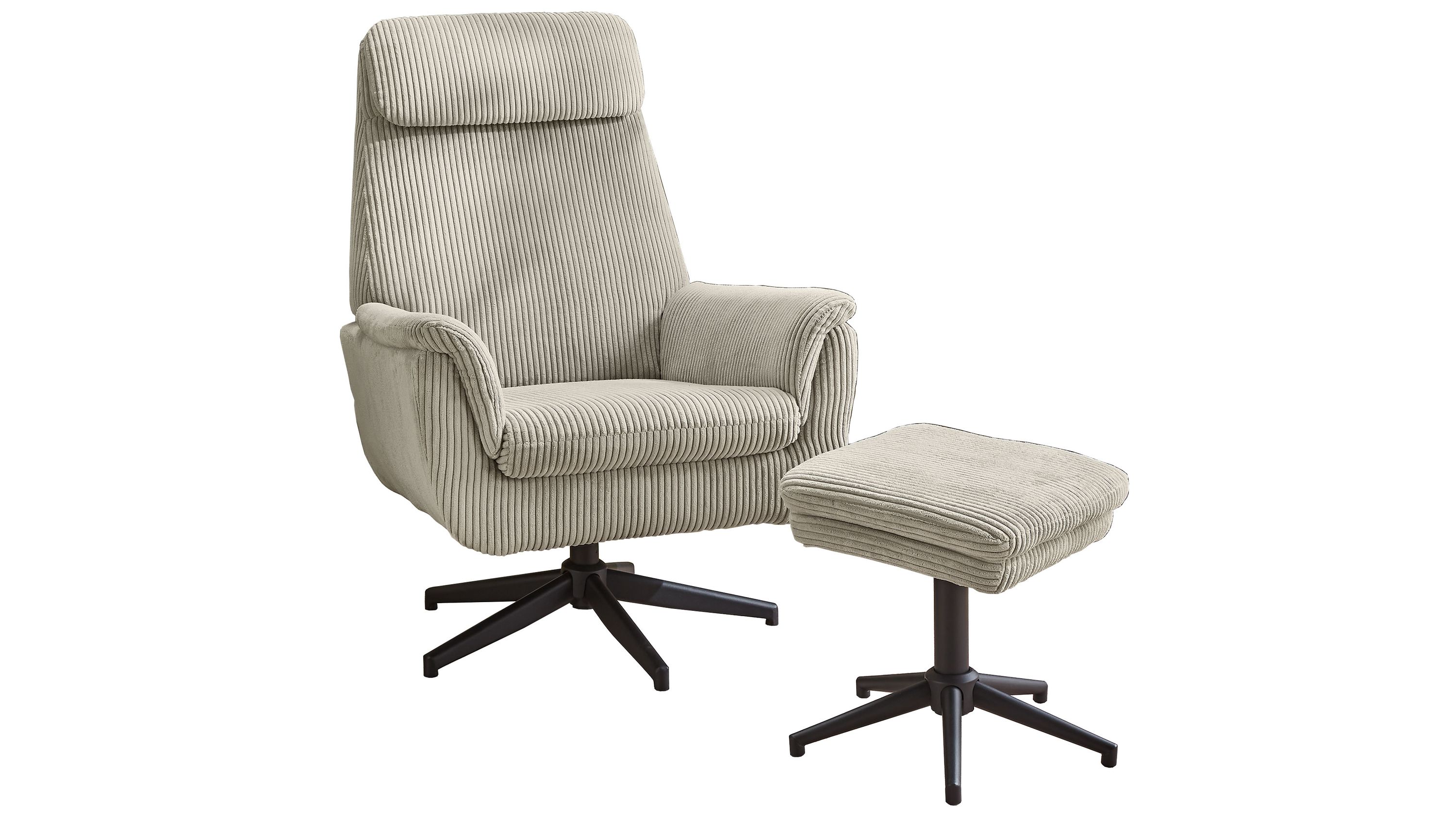 Beiger Relax-Drehsessel mit Cordbezug und schwarzem Sternfuß mit passendem Hocker
