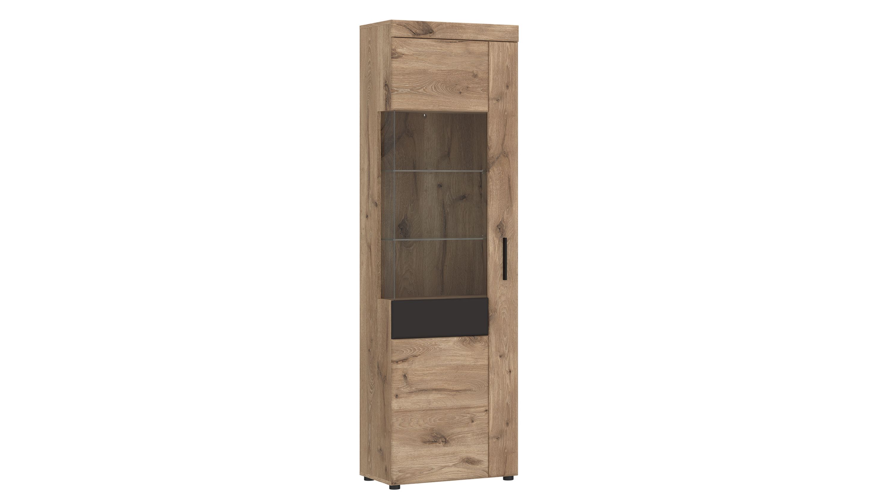 Schmale Vitrine mit Holzoptik in Eichefarben und grauem Akzent Glastür mit zwei Regalböden