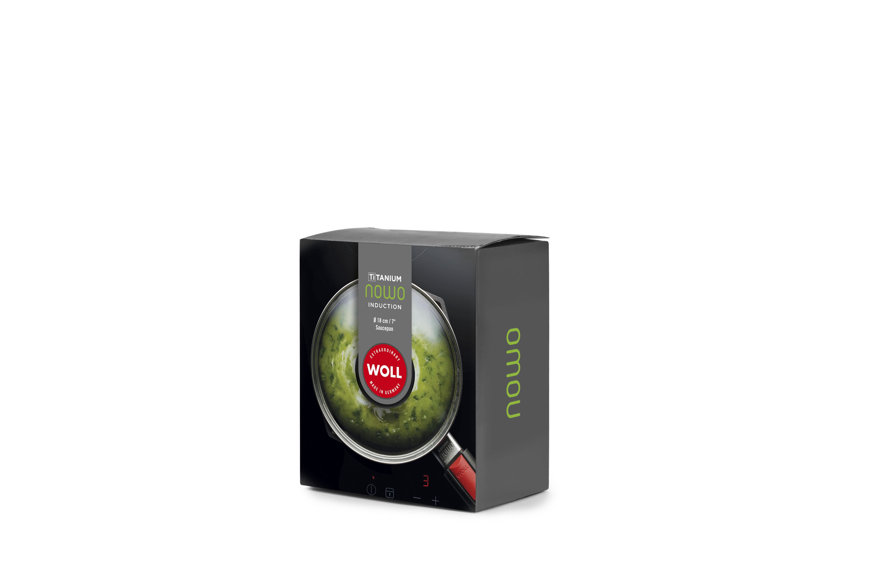 Produktverpackung des WOLL NOWO Titanium Induction Stieltopfs mit grünem Inhalt abgebildet.