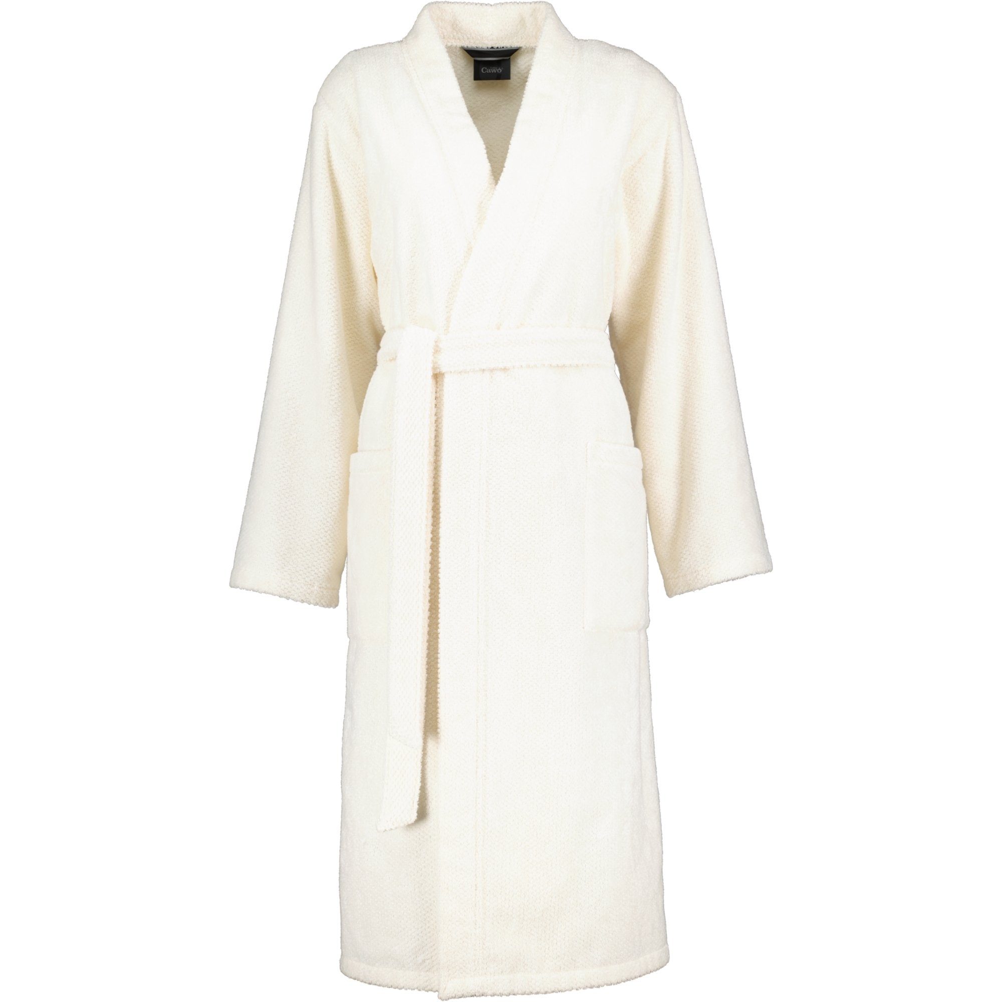 Damen-Bademantel im Kimono-Stil beige mit Gürtel und langen Ärmeln  aufgenommen frontal auf weißem Hintergrund