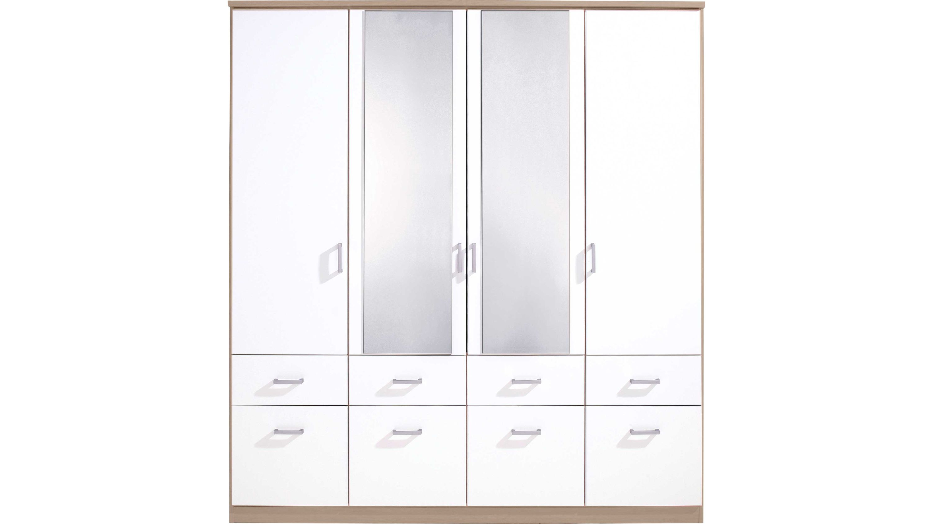 Kleiderschrank mit Spiegeltüren und Schubladen in Weiß und Holzfarbe Kleiderschrank mit vier weißen Türen zwei mittigen Spiegeltüren und acht Schubladen Rahmen in heller Holzfarbe