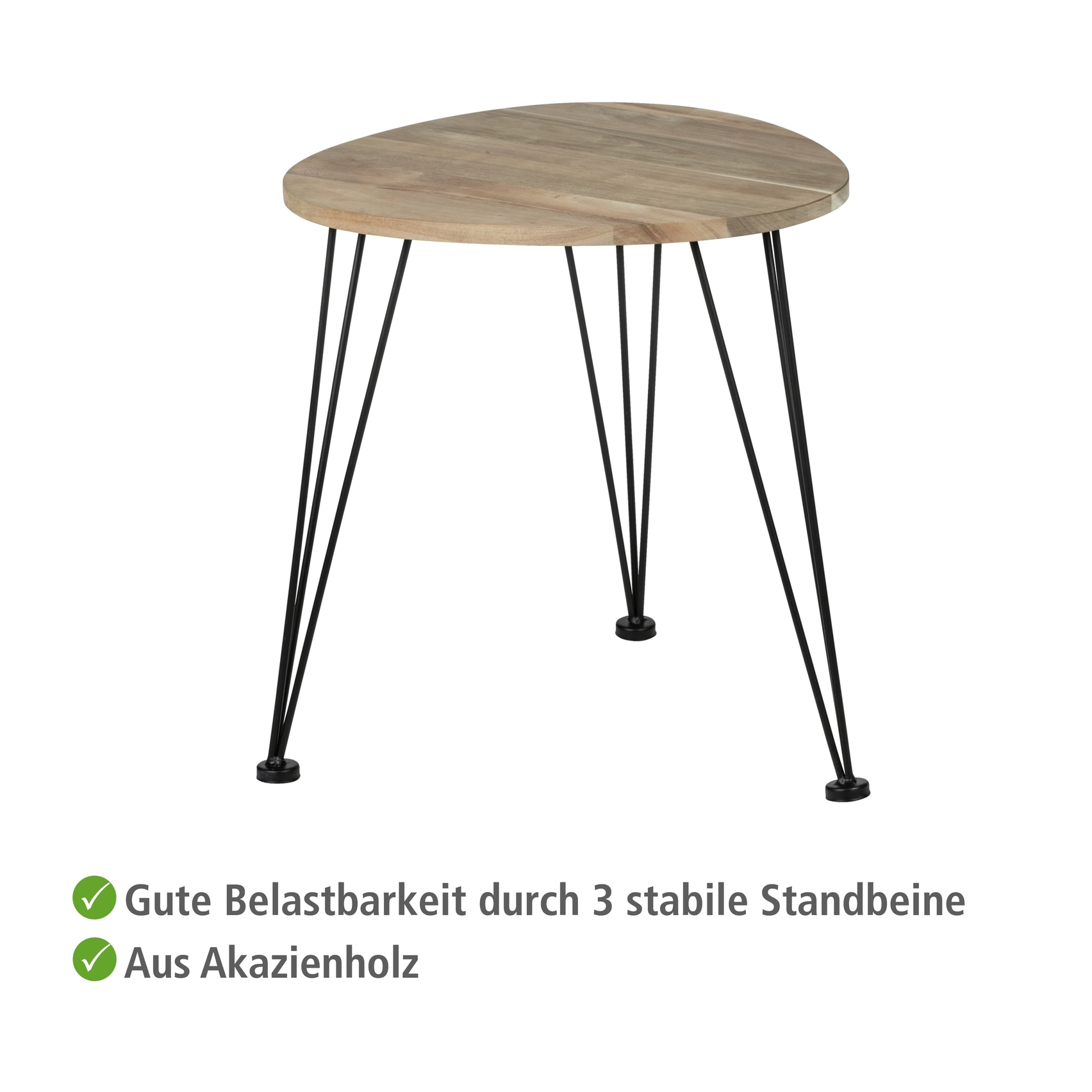 Beistelltisch, stabiles Dreieckdesign Beistelltisch mit dreieckiger Platte aus Akazienholz und drei stabilen Metallbeinen  aufgenommen aus Frontalperspektive
