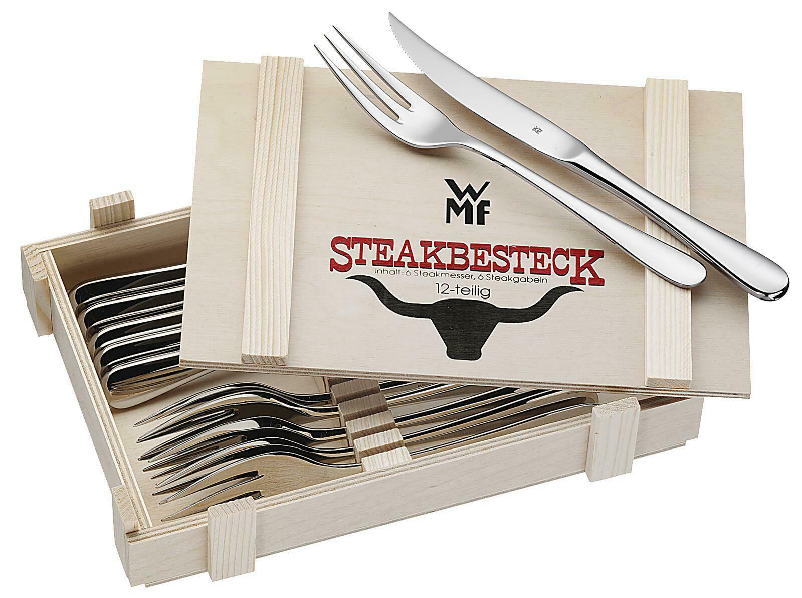 12-teiliges Steakbesteck in offener Holzkassette  mit Messer und Gabel auf dem Deckel dekoriert