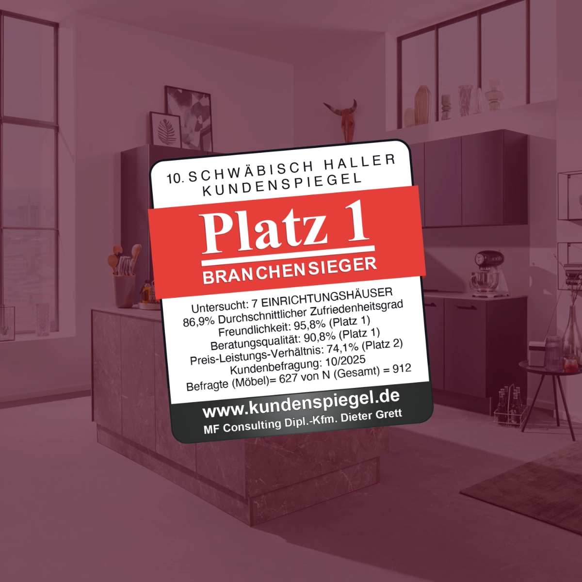 Auszeichnung „Schwäbisch Haller Kundenspiegel“ mit Platz 1 als Branchensieger im Bereich Einrichtungshäuser auf rotem Hintergrund