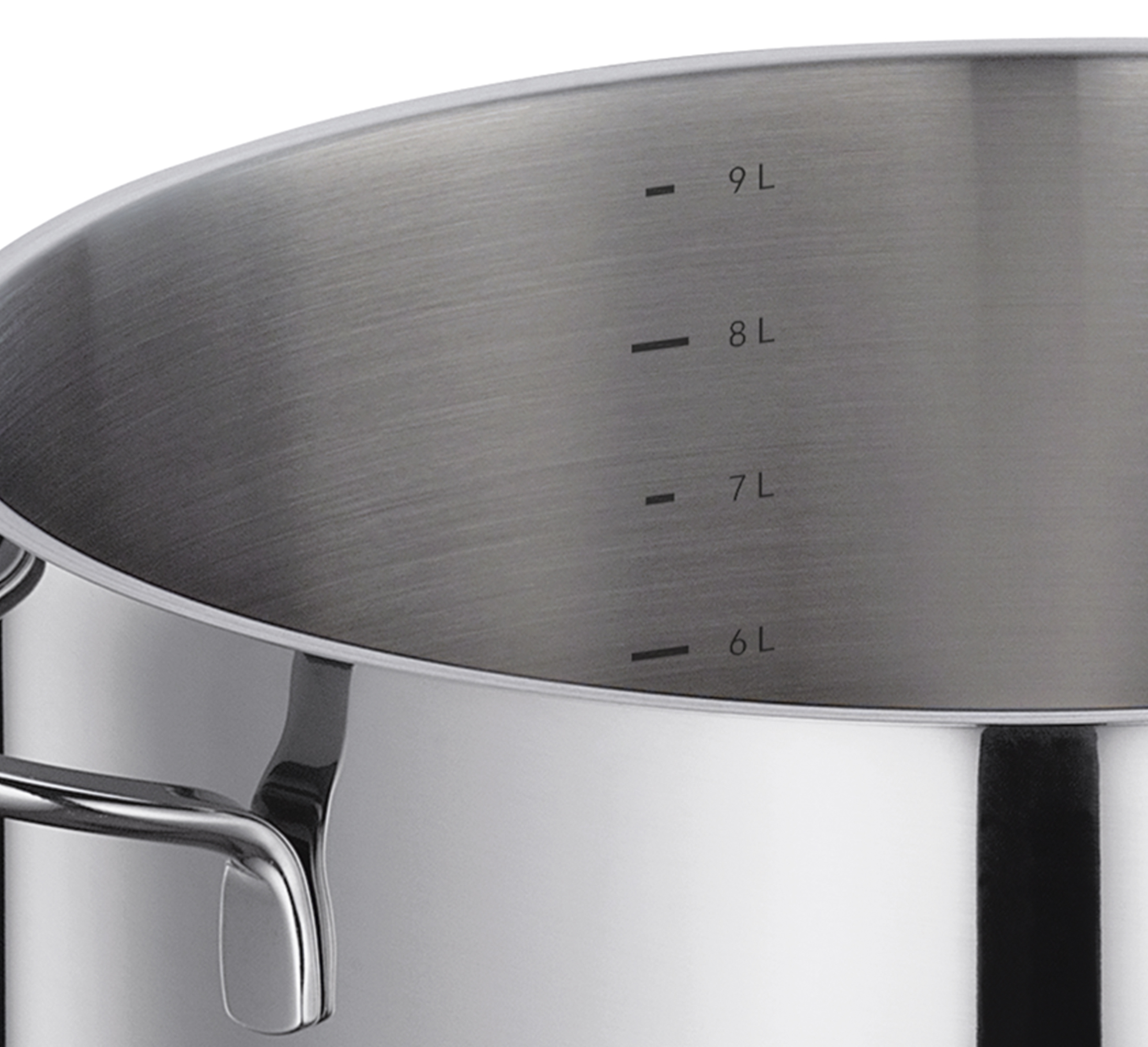 Runder Suppentopf mit zwei Griffen und Innenmaßskala bis 9 Liter in silberner Farbe