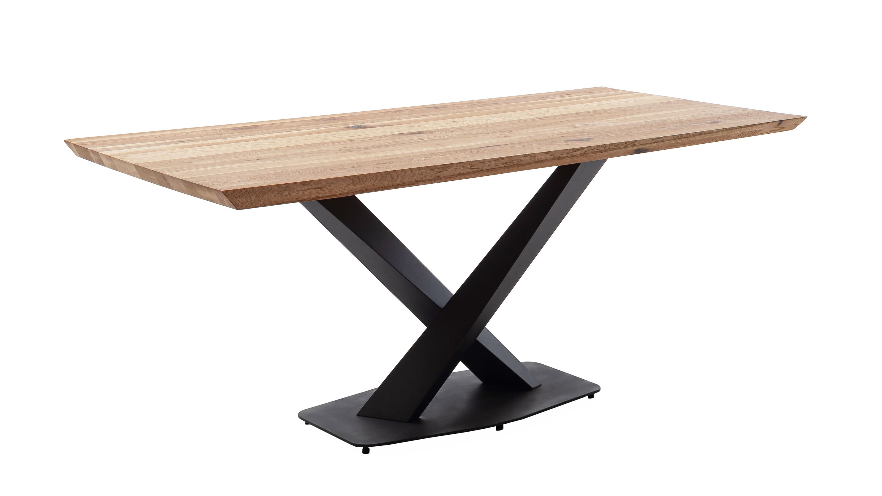 Esstisch mit Holzplatte und schwarzem Metallgestell Rechteckiger Esstisch mit hellbrauner Holzplatte und schwarzem Metallgestell in X-Form