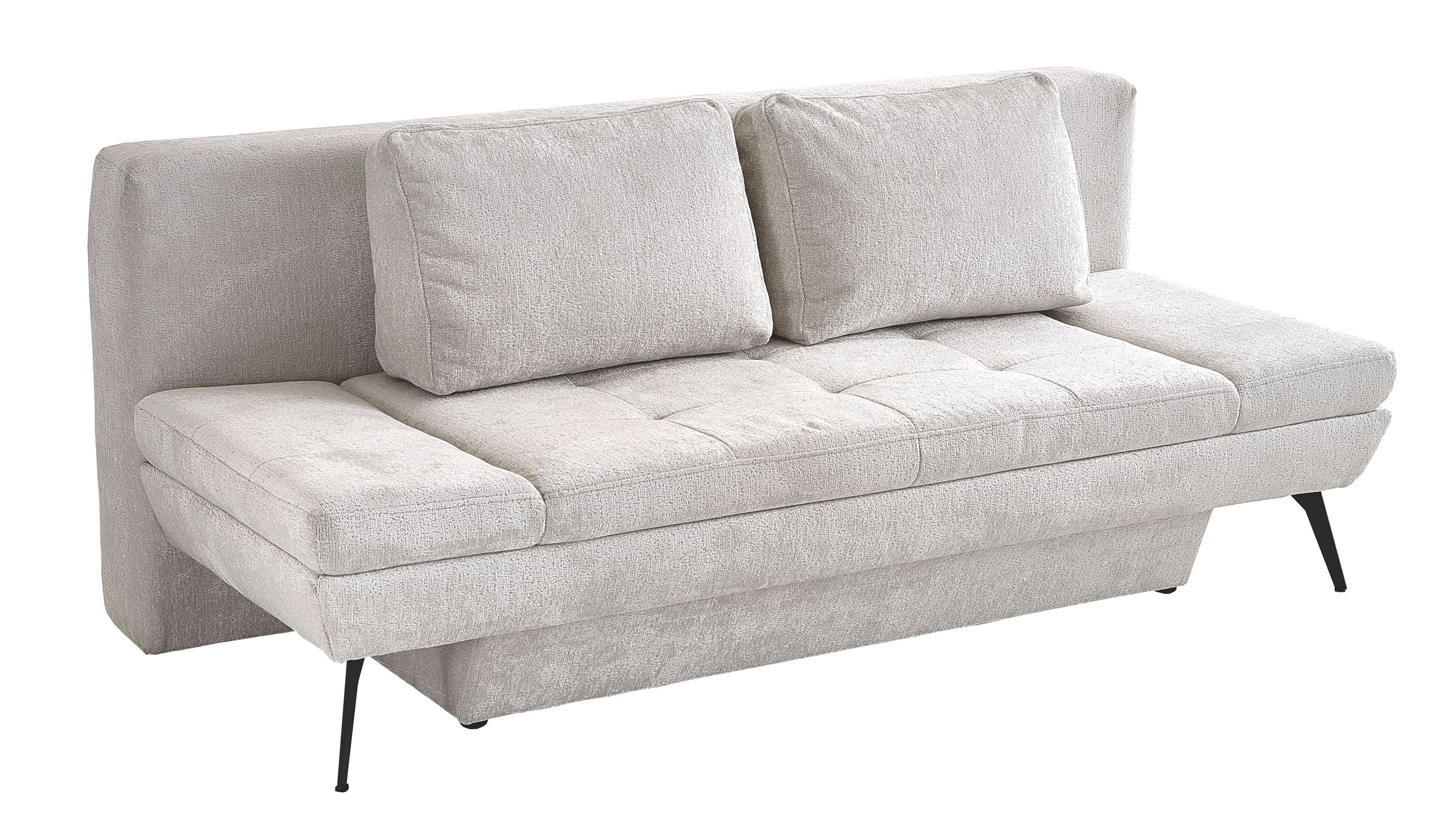 Schlafsofa mit cremefarbenem Bezug und zwei Rückenpolstern auf anthrazitfarbenen Metallfüßen