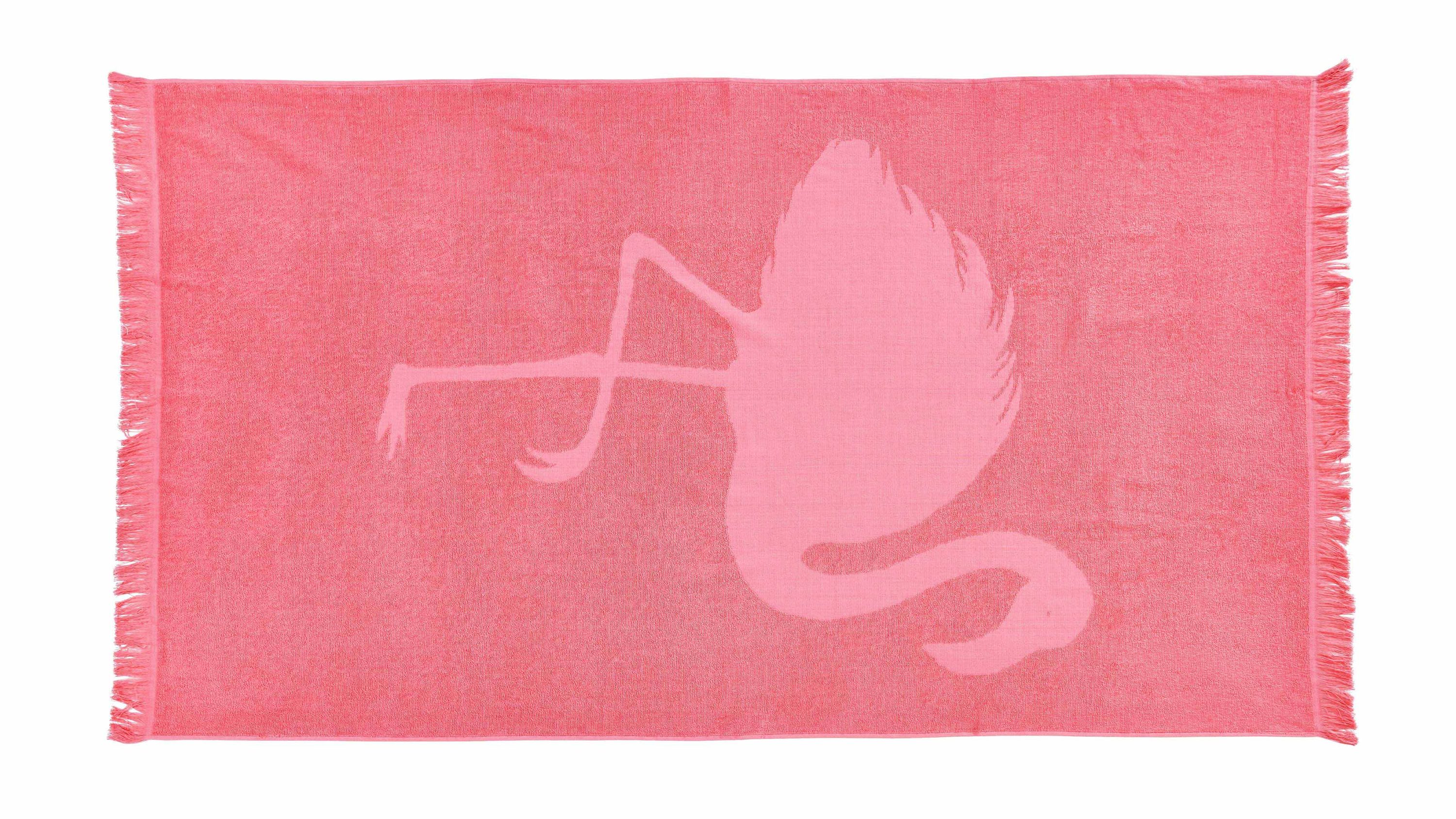 Rechteckiges pinkes Hamamtuch mit Fransen an den kurzen Seiten und Flamingo-Motiv in hellerem Pink