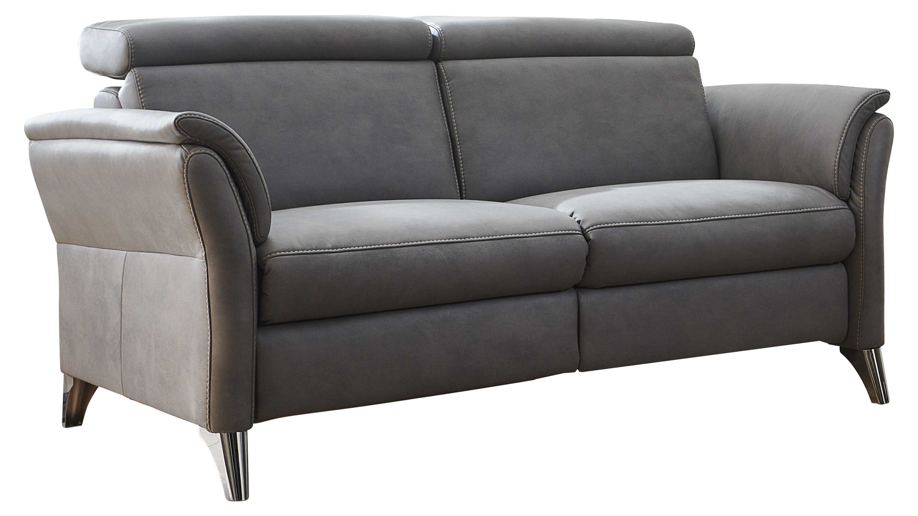 Zweisitziges Sofa mit grauer Polsterung und verstellbaren Kopfstützen auf Metallfüßen