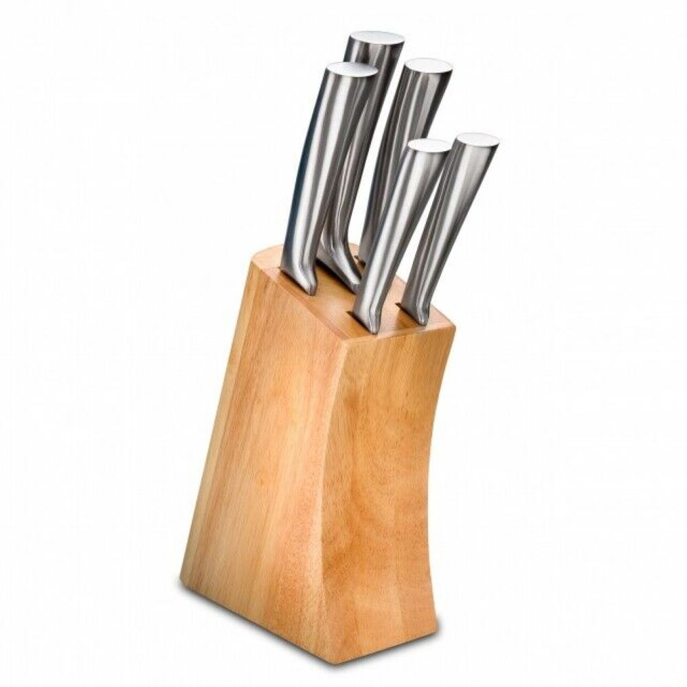 New Steel  6-teilig  mit Holz-Messerblock  mit schwarzem Griff  modern und scharf