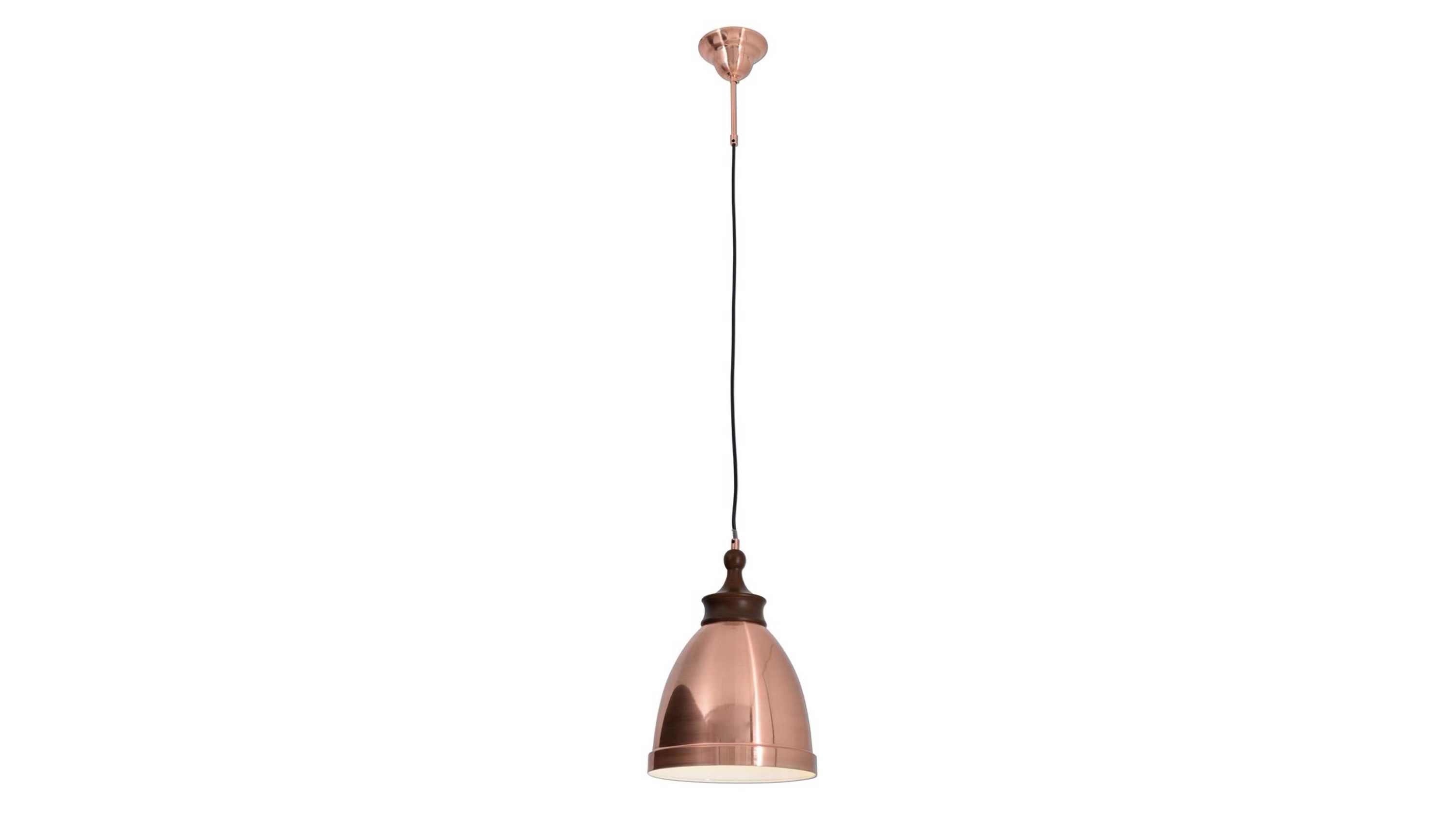 Pendelleuchte mit kuperfarbenem halbrundem Metallschirm und schwarzem Kabel